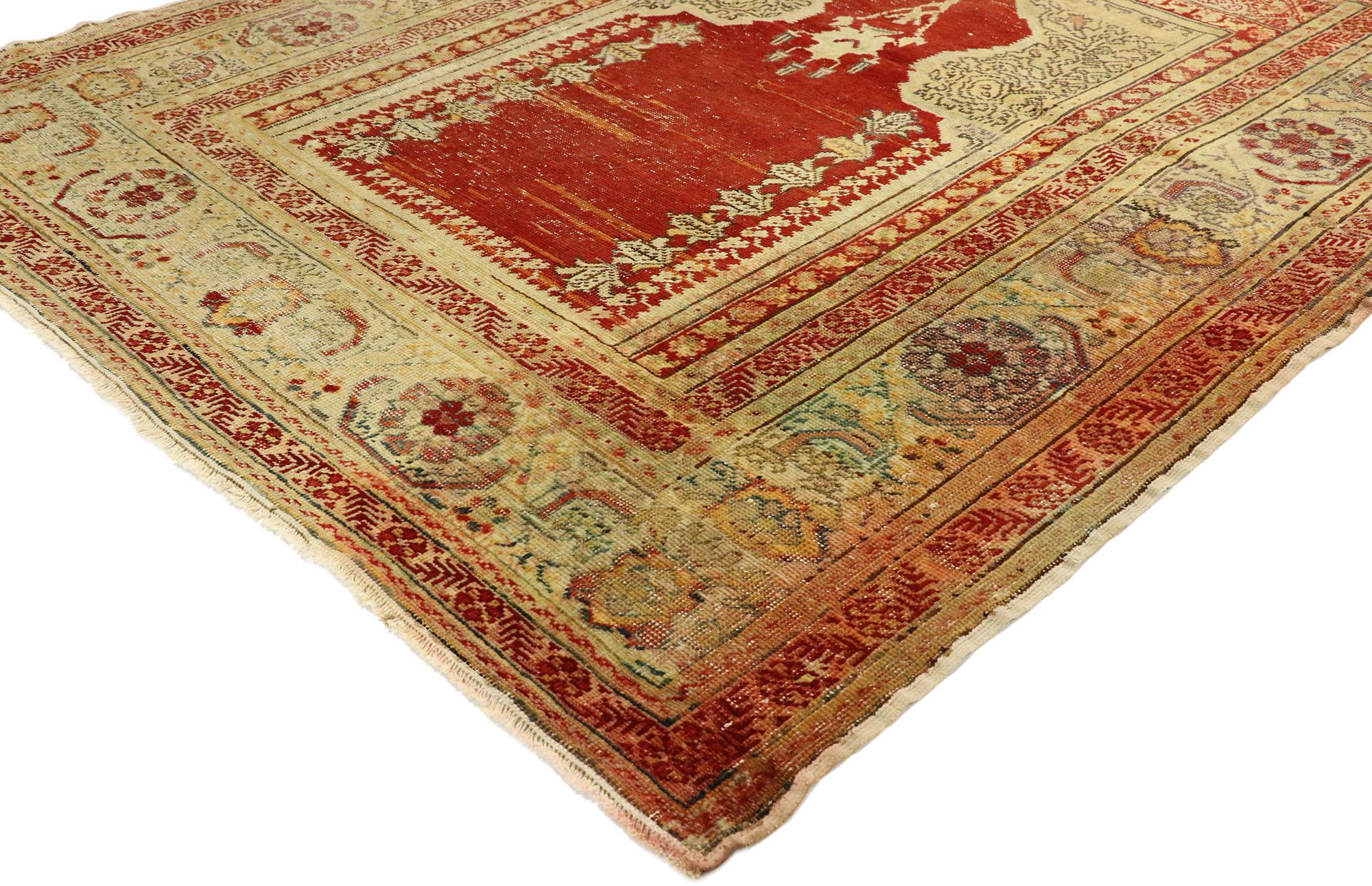 50638, distressed antique Turkish Sivas Prayer rug with Niche Mihrab and chandelier. Immersed in Anatolian history and refined colors, this hand knotted wool distressed antique Turkish Sivas prayer rug combines simplicity with sophistication. This