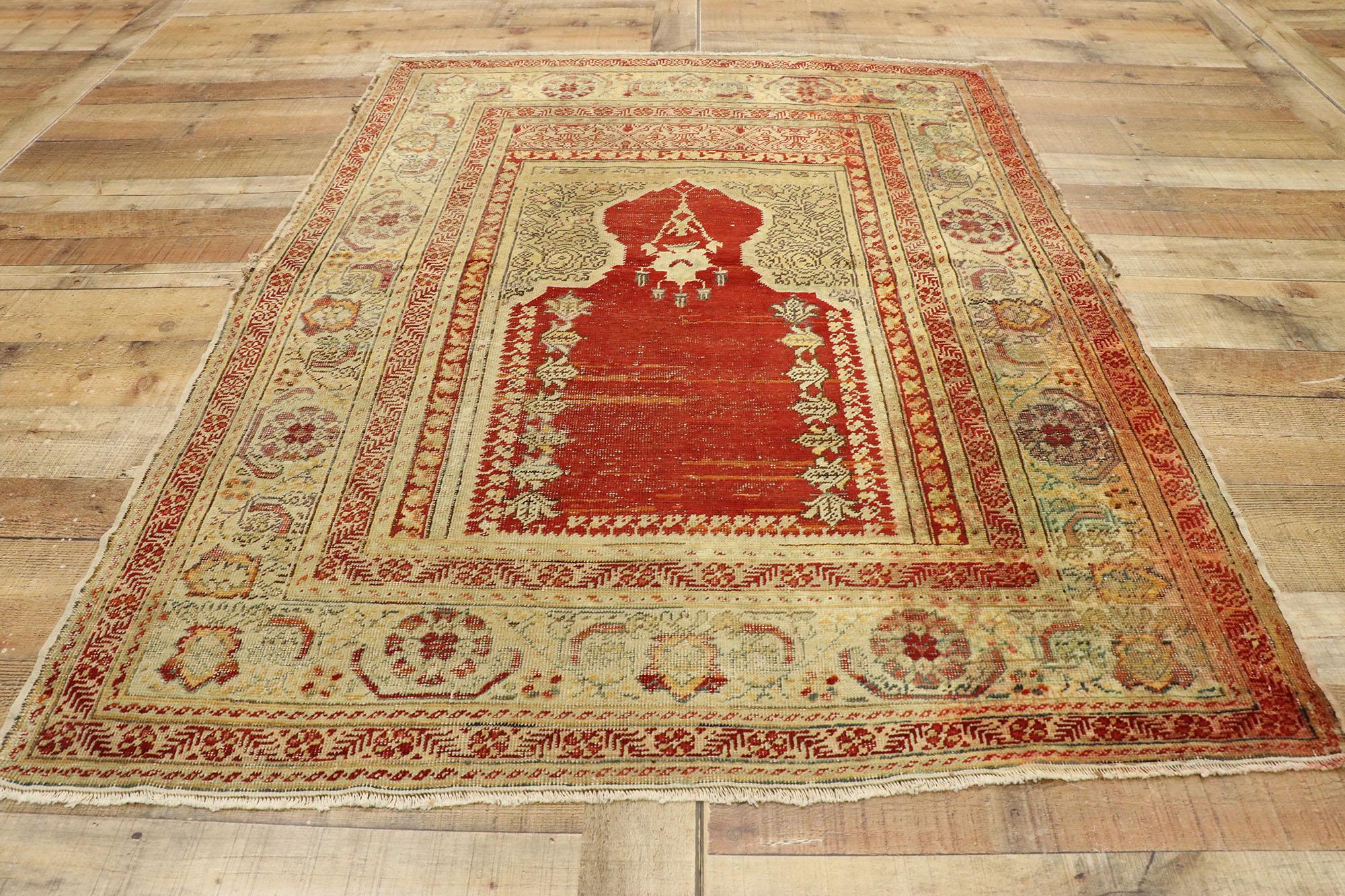 Hand-Knotted Distressed Antique Turkish Sivas Prayer Rug with Niche Mihrab and Chandelier For Sale