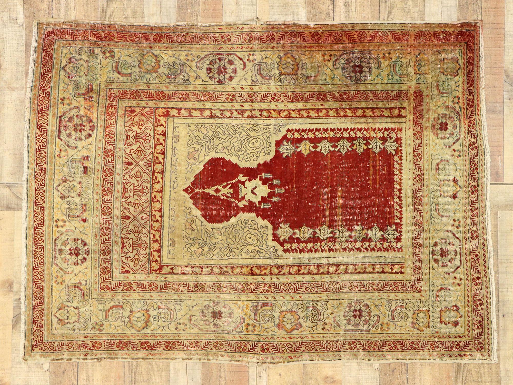Distressed Antique Turkish Sivas Prayer Rug with Niche Mihrab and Chandelier In Good Condition For Sale In Dallas, TX