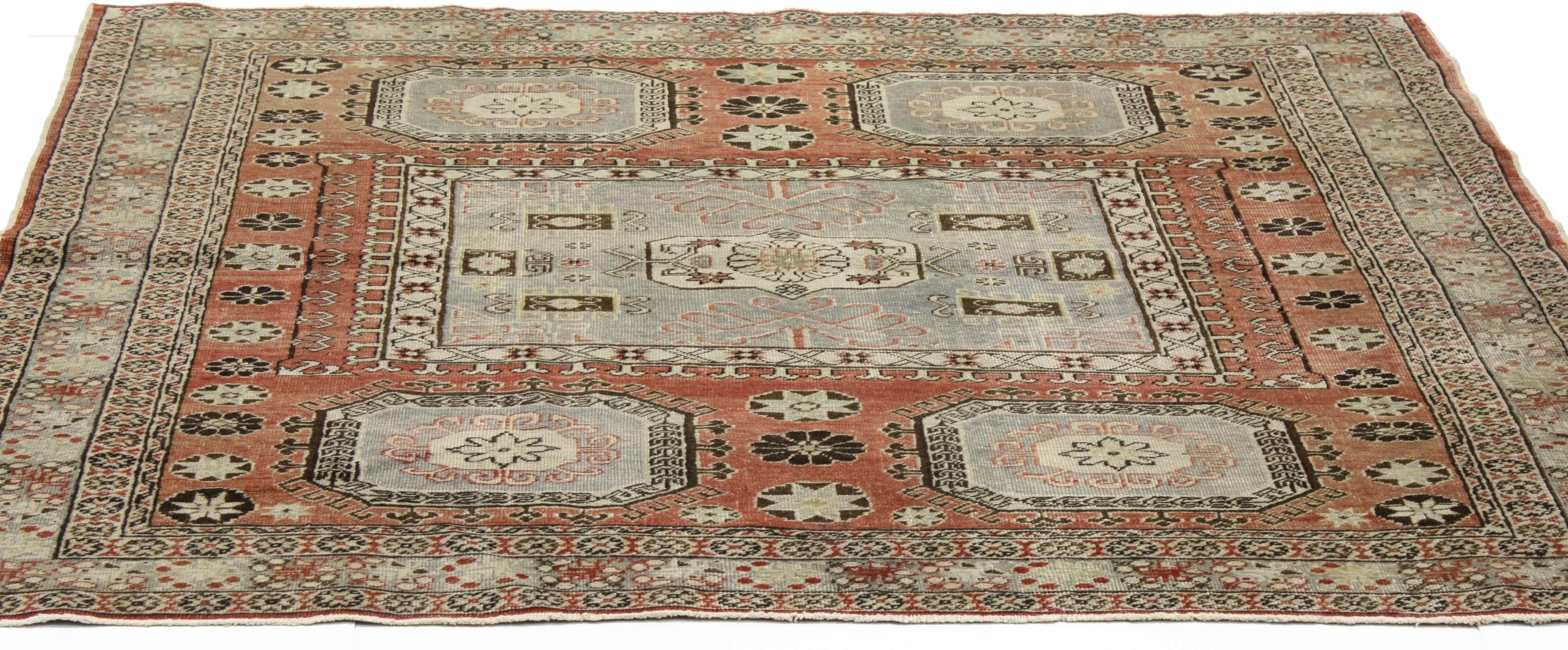 Hand-Knotted Distressed Antique Turkish Sivas Rug with Modern Rustic Style, Square Accent Rug For Sale
