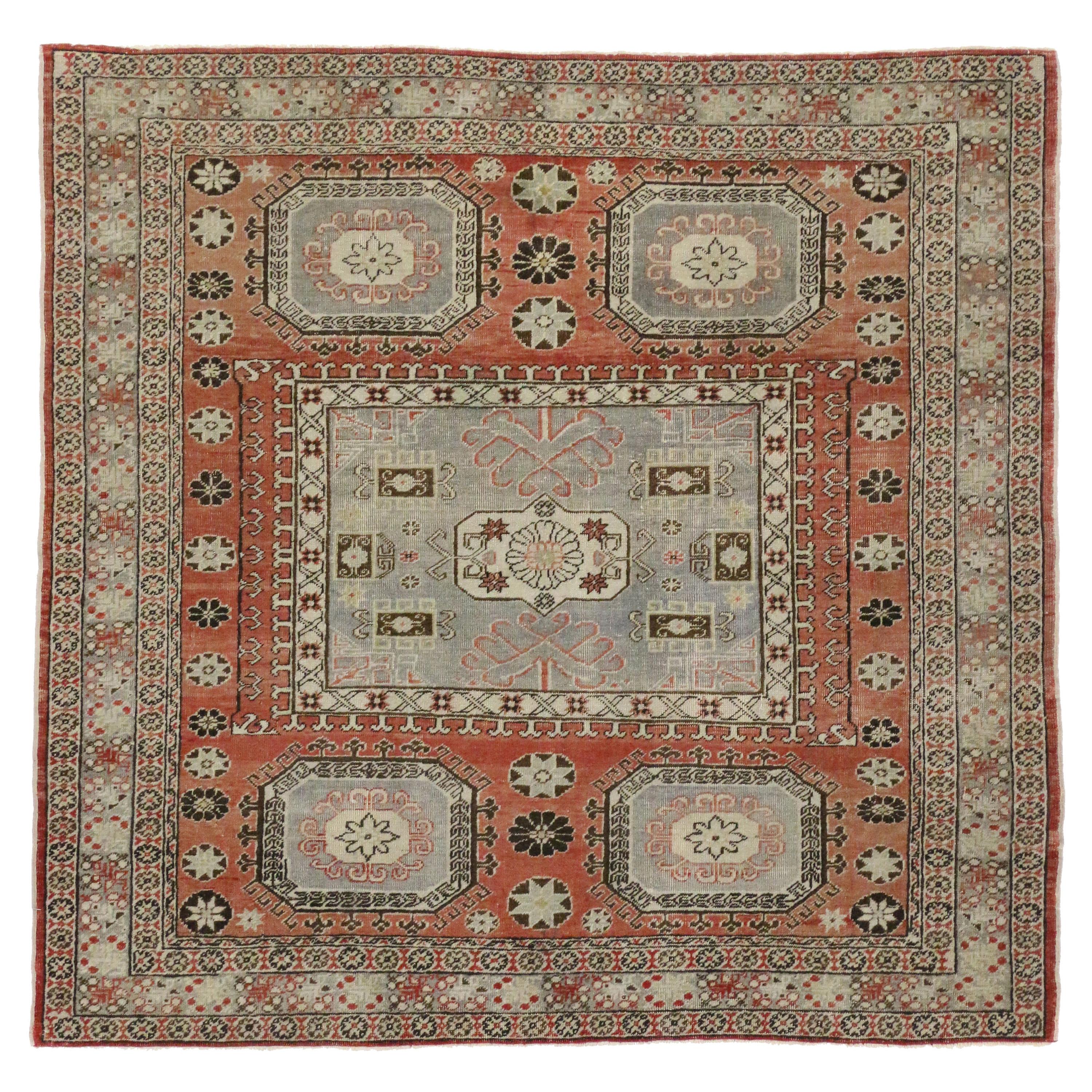 Distressed Antique Turkish Sivas Rug with Modern Rustic Style, Square Accent Rug For Sale