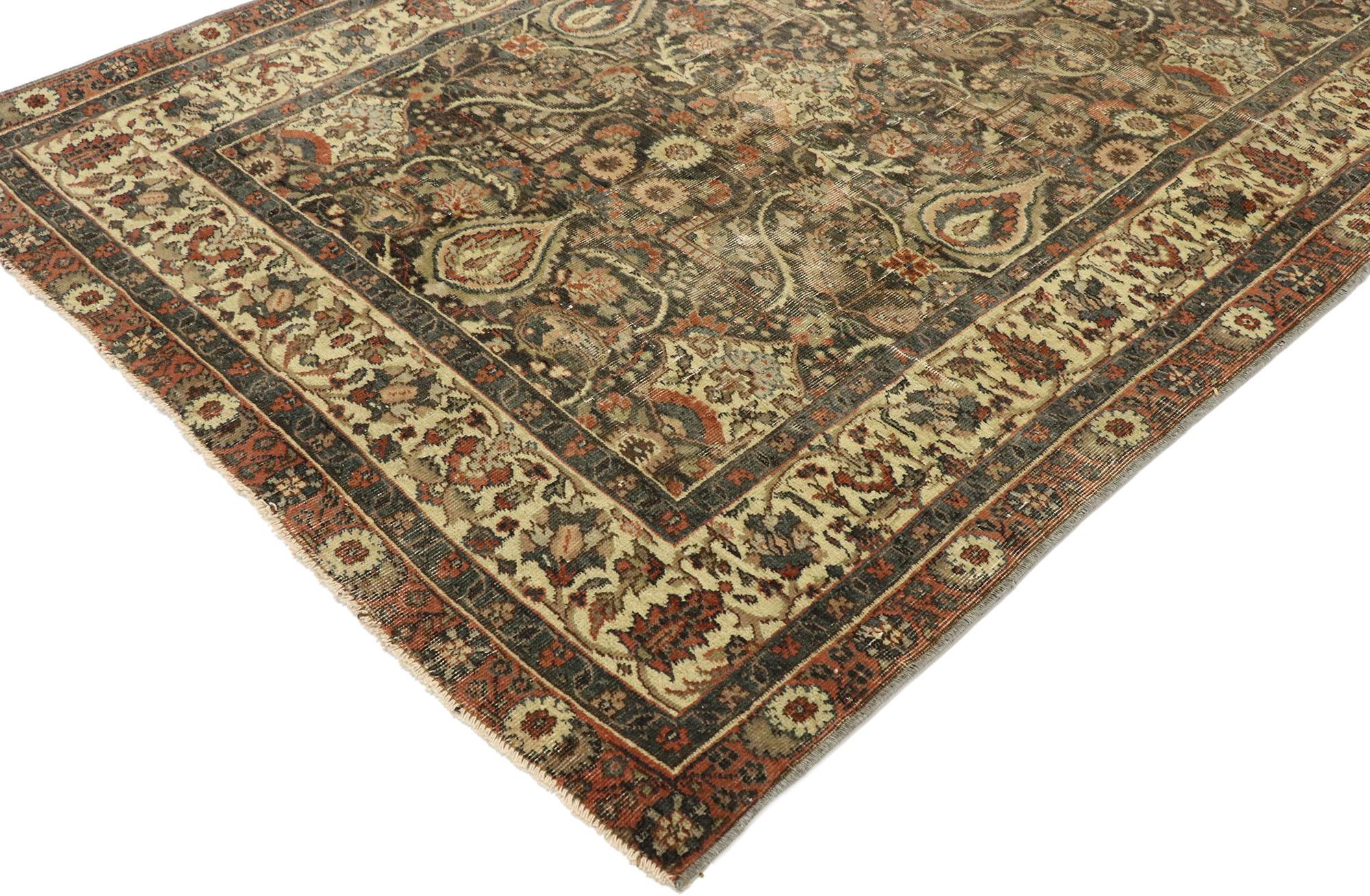 53065, distressed antique Turkish Sivas rug with rustic Belgian style. Bespeaking understated elegance and rustic sensibility, this hand knotted wool distressed vintage Turkish Sivas rug is the embodiment of Belgian style. The lovingly time-worn