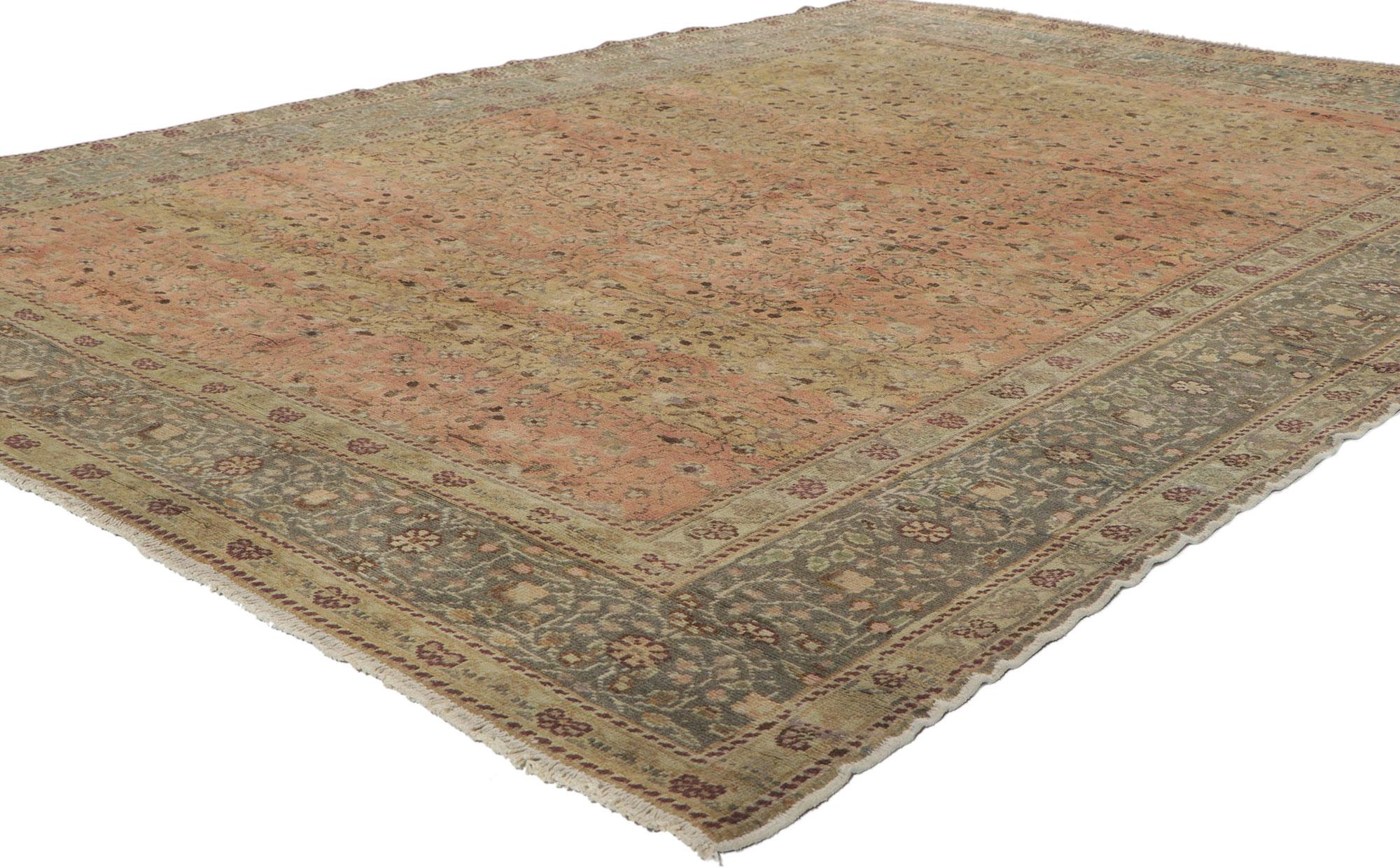 50414 Distressed Antique Turkish Sivas Rug with Shabby Chic Farmhouse Style 06'06 x 08'10. ​​This hand knotted wool distressed antique Turkish Sivas rug beautifully highlights a shabby chic farmhouse style. It features an all-over floral lattice