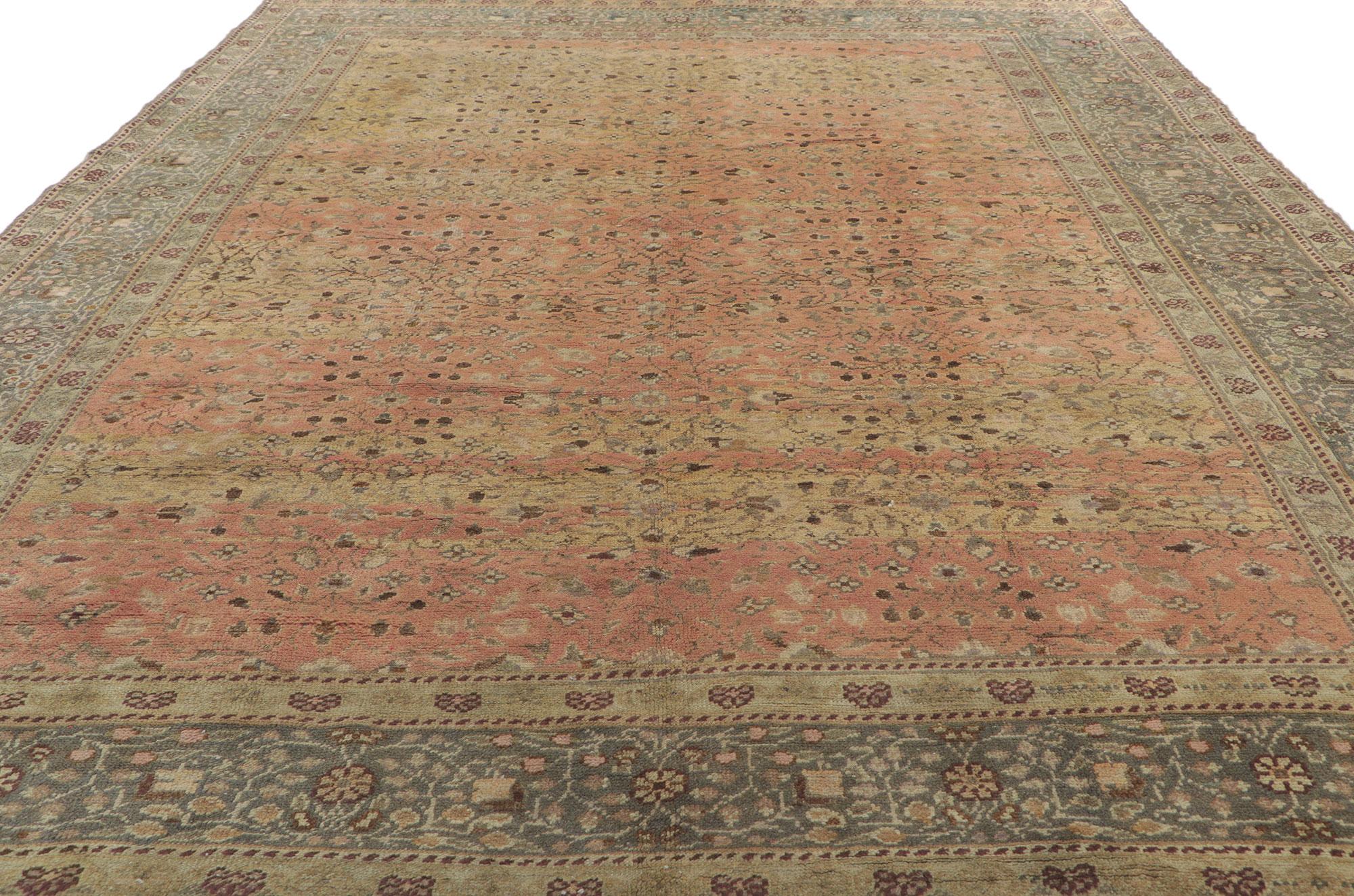 Hand-Knotted Distressed Antique Turkish Sivas Rug with Shabby Chic Farmhouse Style For Sale