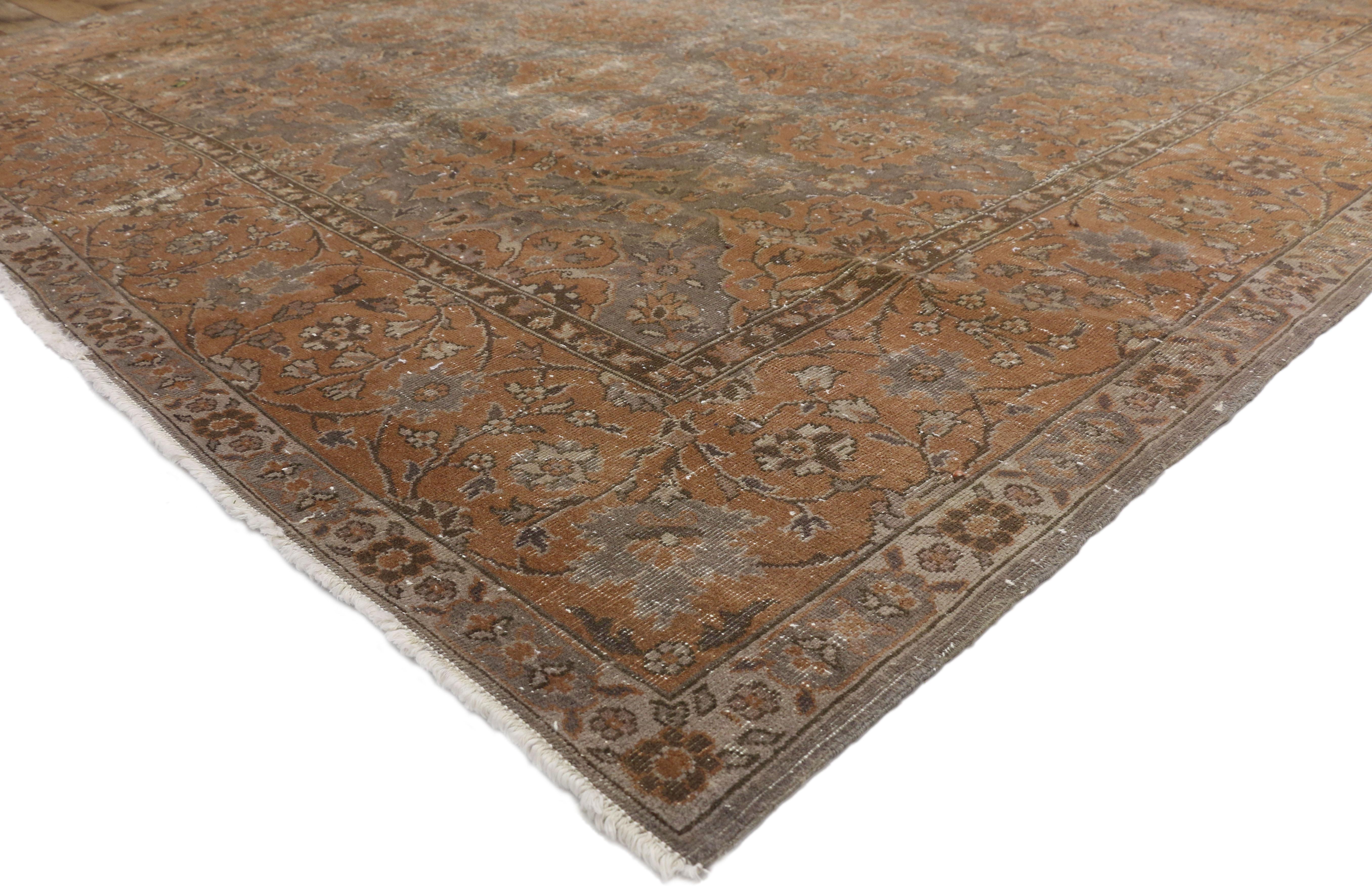 71603 Distressed Antique Turkish Sparta Area Rug with Industrial Machine Age Style. This hand-knotted wool distressed antique Turkish Sparta blends traditional elegance with a modern industrial style adding charm and perfect combination of warmth