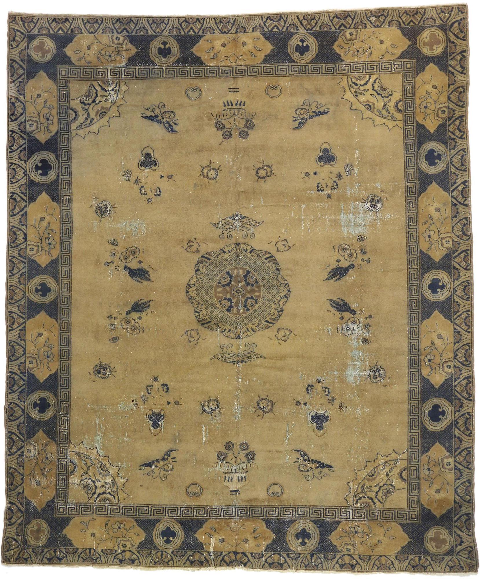 70730 Distressed Antique Turkish Sparta Rug with Chinoiserie Chic Style 12'02 x 14'02. With timeless elegance and nostalgic charm, this hand knotted wool distressed antique Turkish Sparta rug can beautifully blend modern, contemporary and