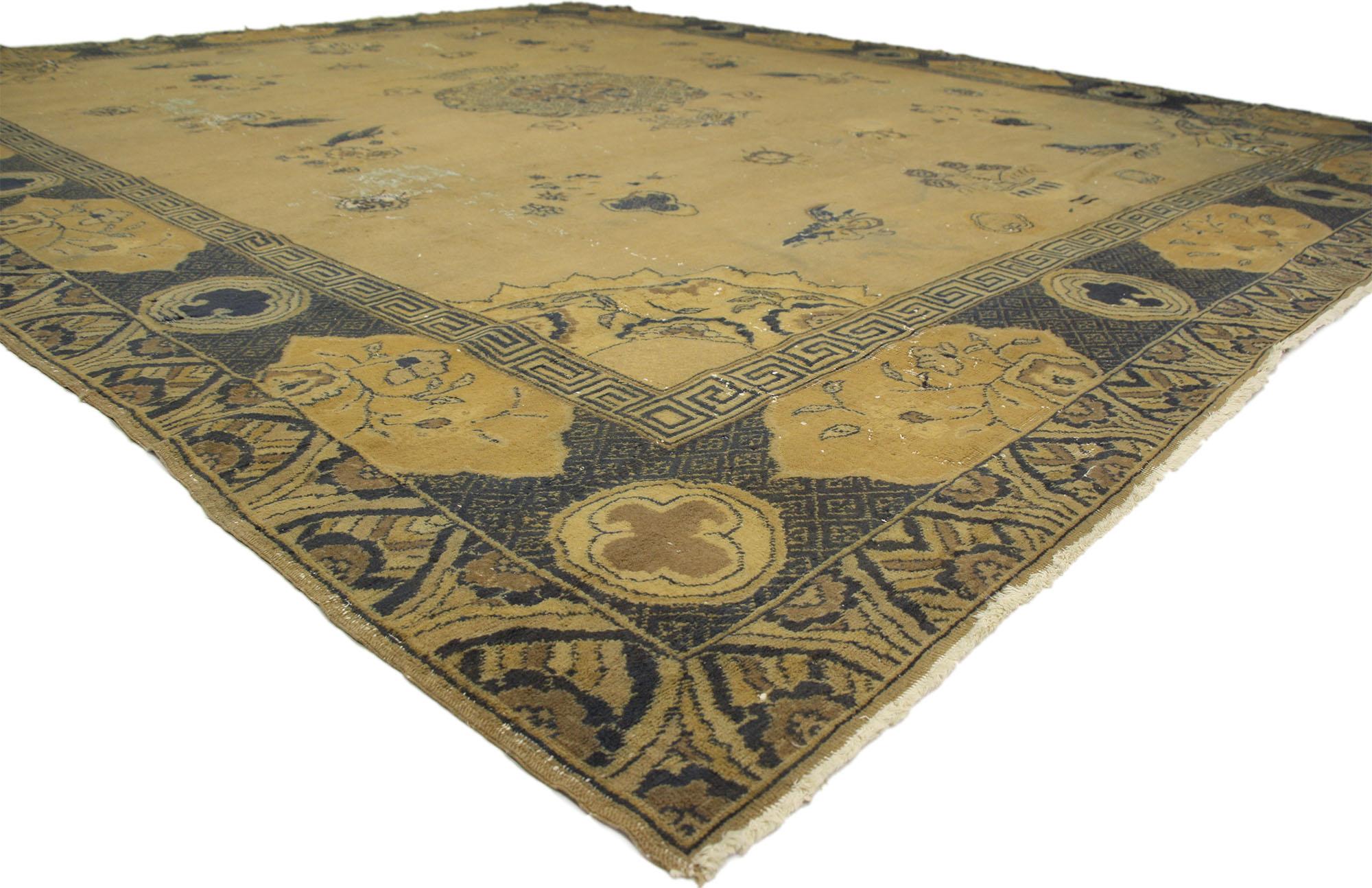 Hand-Knotted Distressed Antique Turkish Sparta Rug with Chinoiserie Style, Blue and Gold For Sale