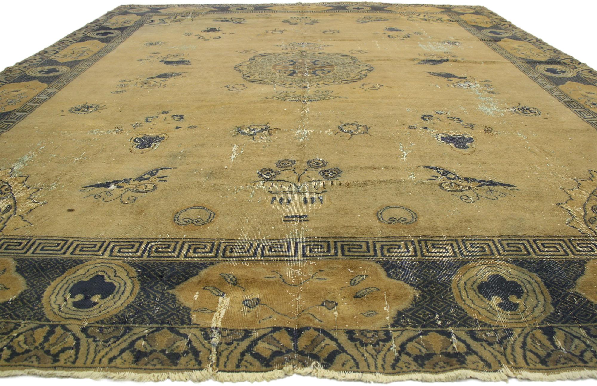 Distressed Antique Turkish Sparta Rug with Chinoiserie Style, Blue and Gold In Distressed Condition For Sale In Dallas, TX