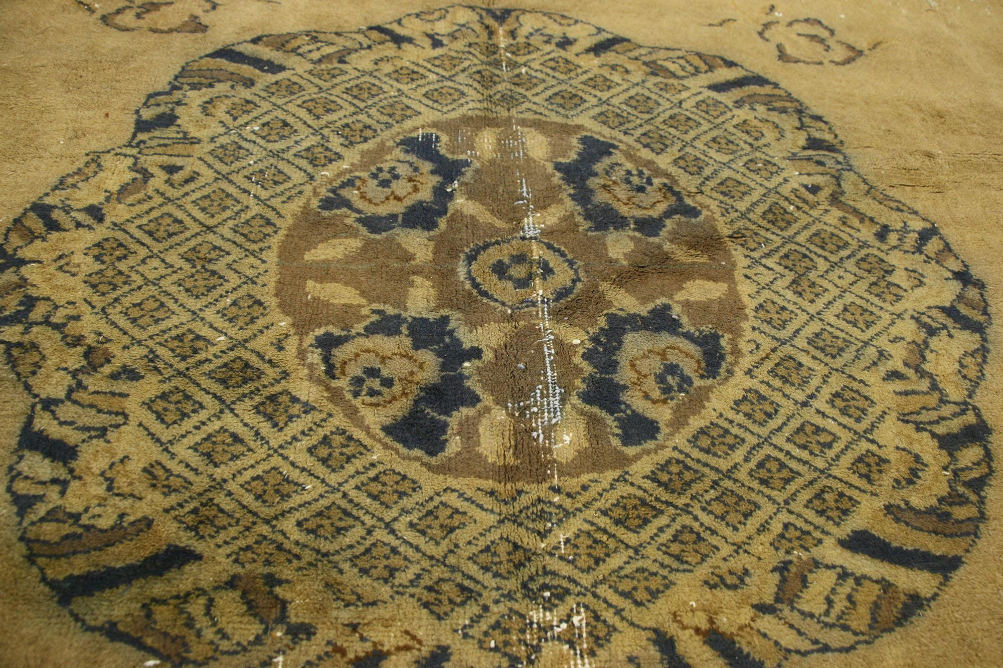 20th Century Distressed Antique Turkish Sparta Rug with Chinoiserie Style, Blue and Gold For Sale