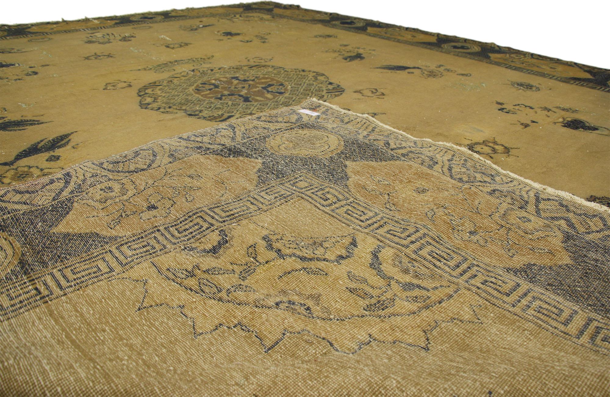 Wool Distressed Antique Turkish Sparta Rug with Chinoiserie Style, Blue and Gold For Sale