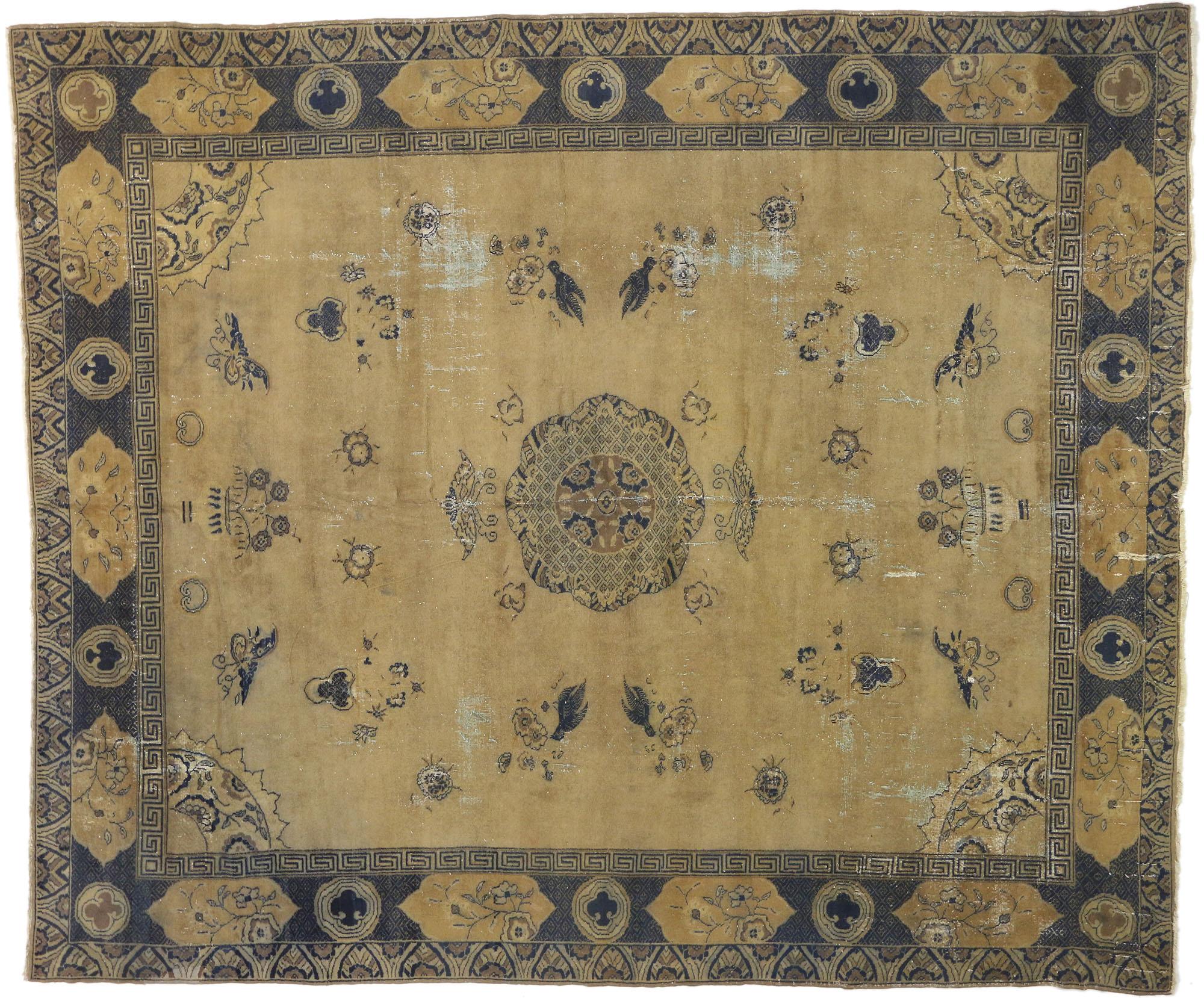 Distressed Antique Turkish Sparta Rug with Chinoiserie Style, Blue and Gold For Sale 1