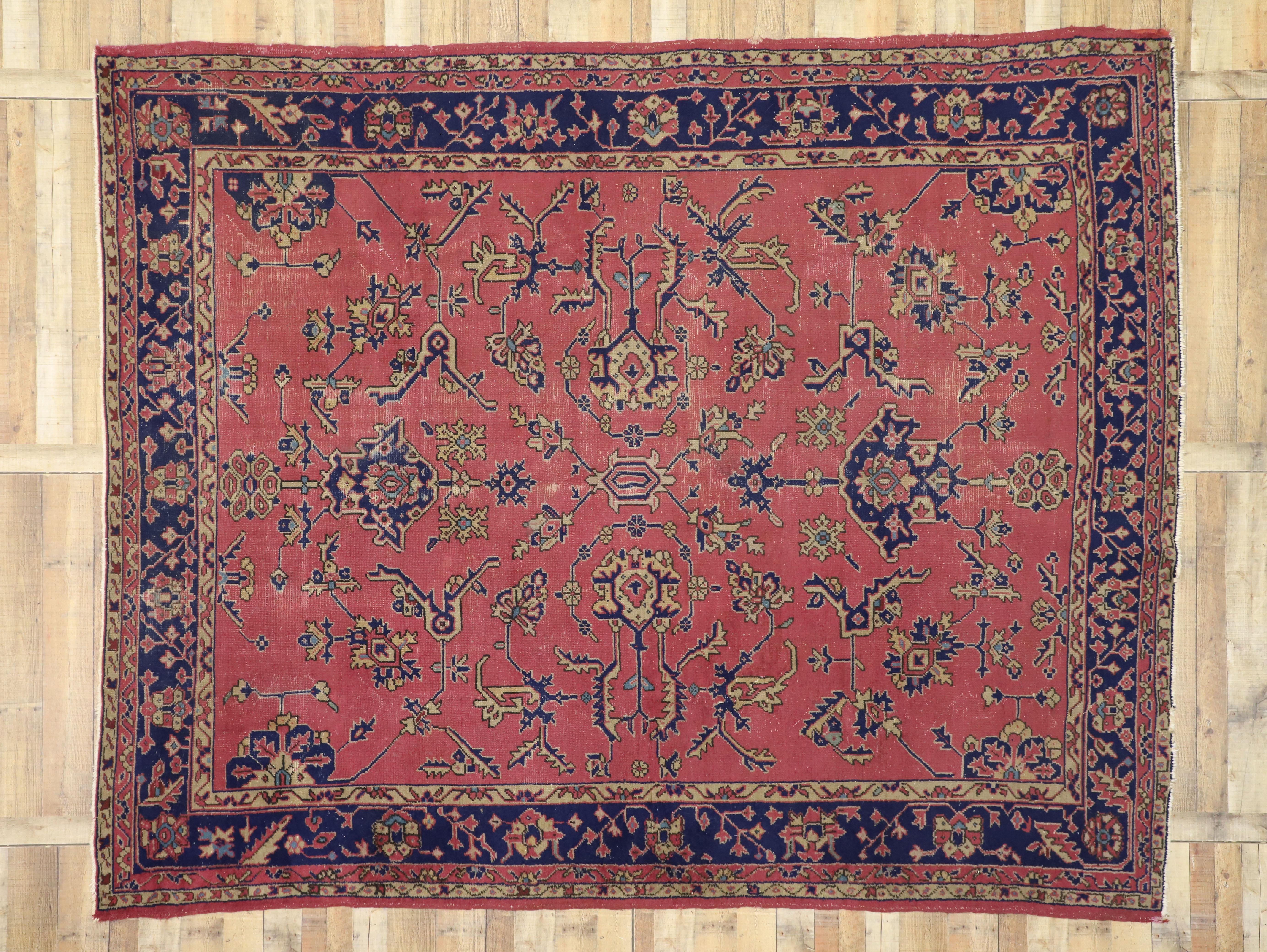 Distressed Antique Turkish Sparta Rug with Industrial Romantic Venetian Style 2