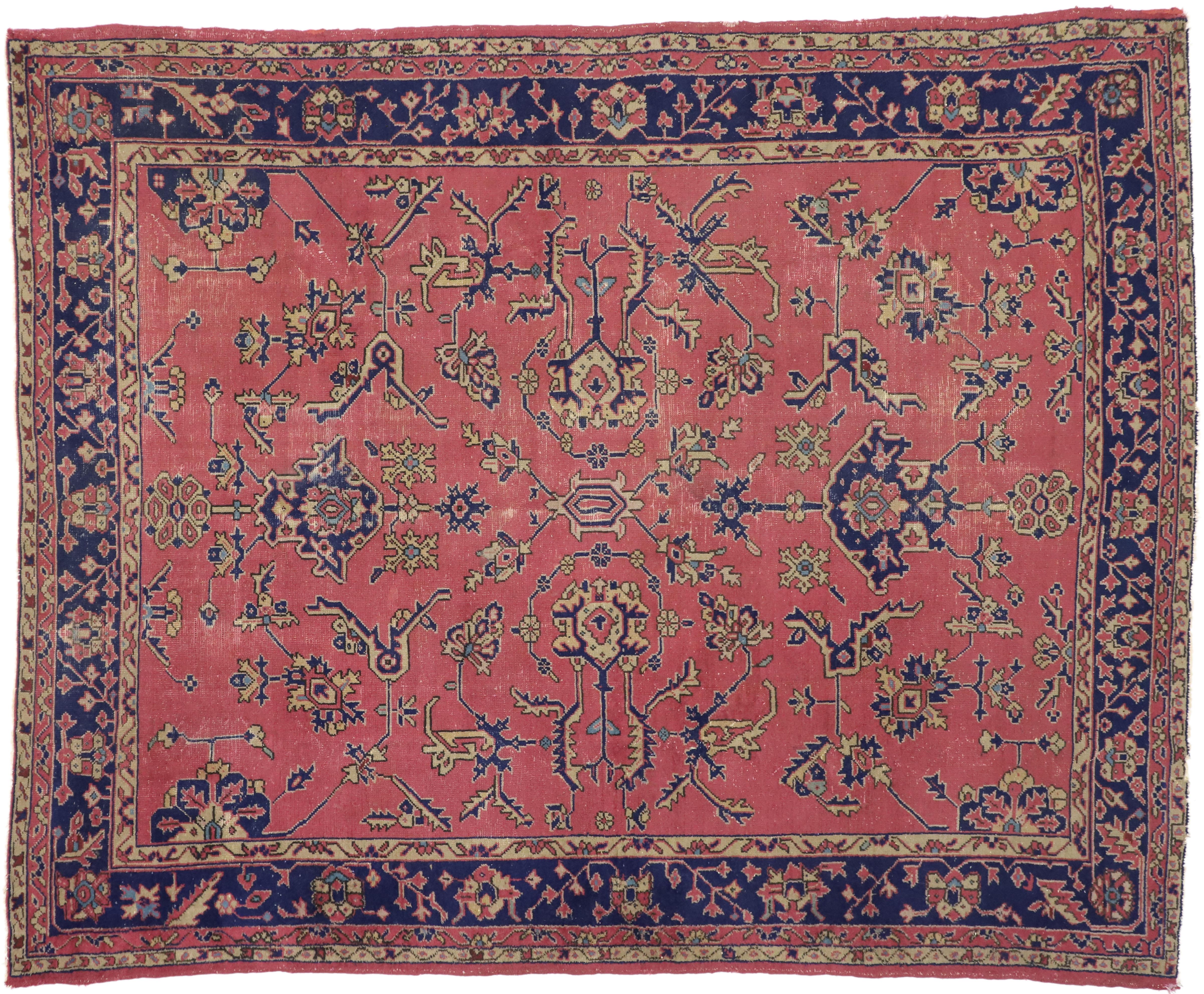 Distressed Antique Turkish Sparta Rug with Industrial Romantic Venetian Style 3