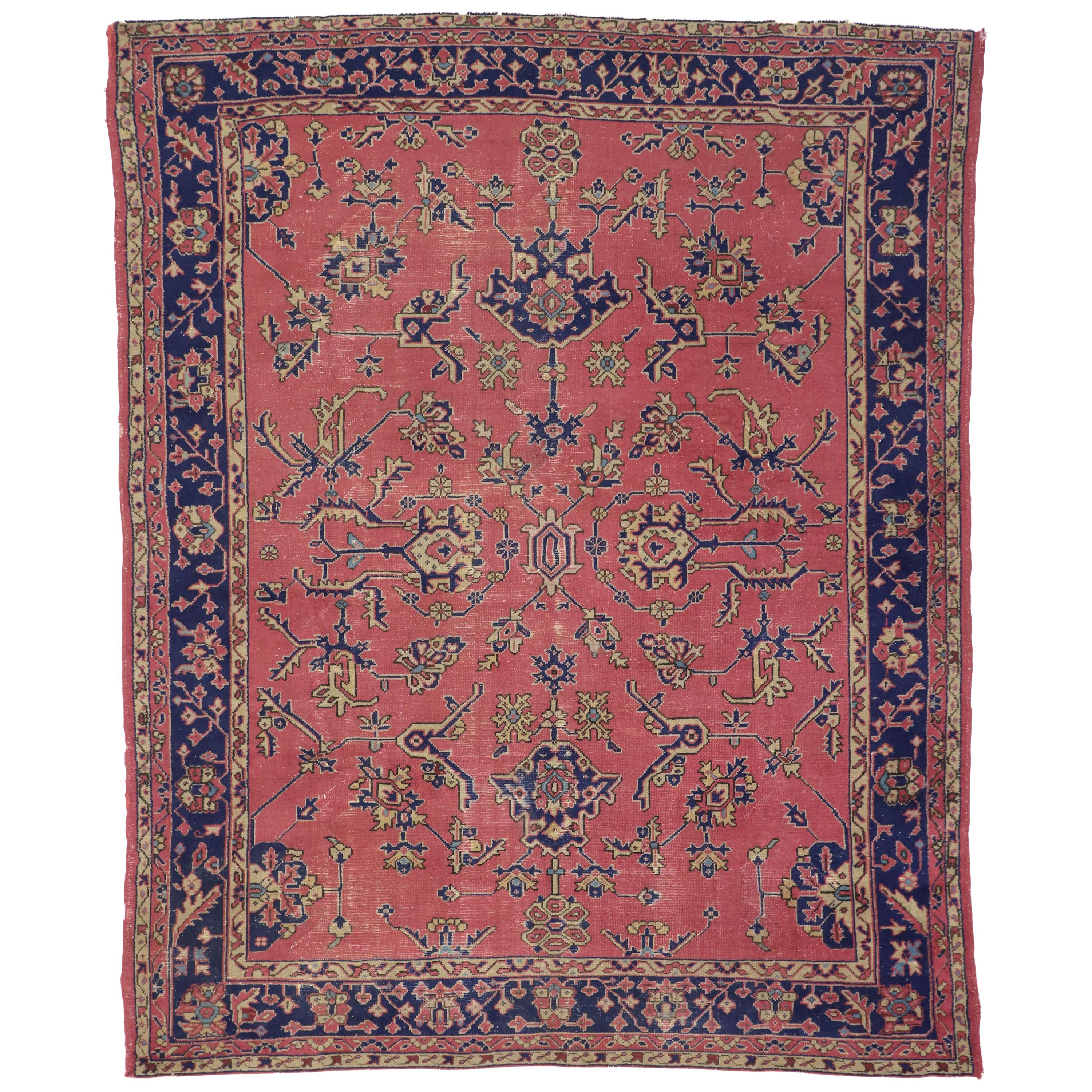Distressed Antique Turkish Sparta Rug with Industrial Romantic Venetian Style