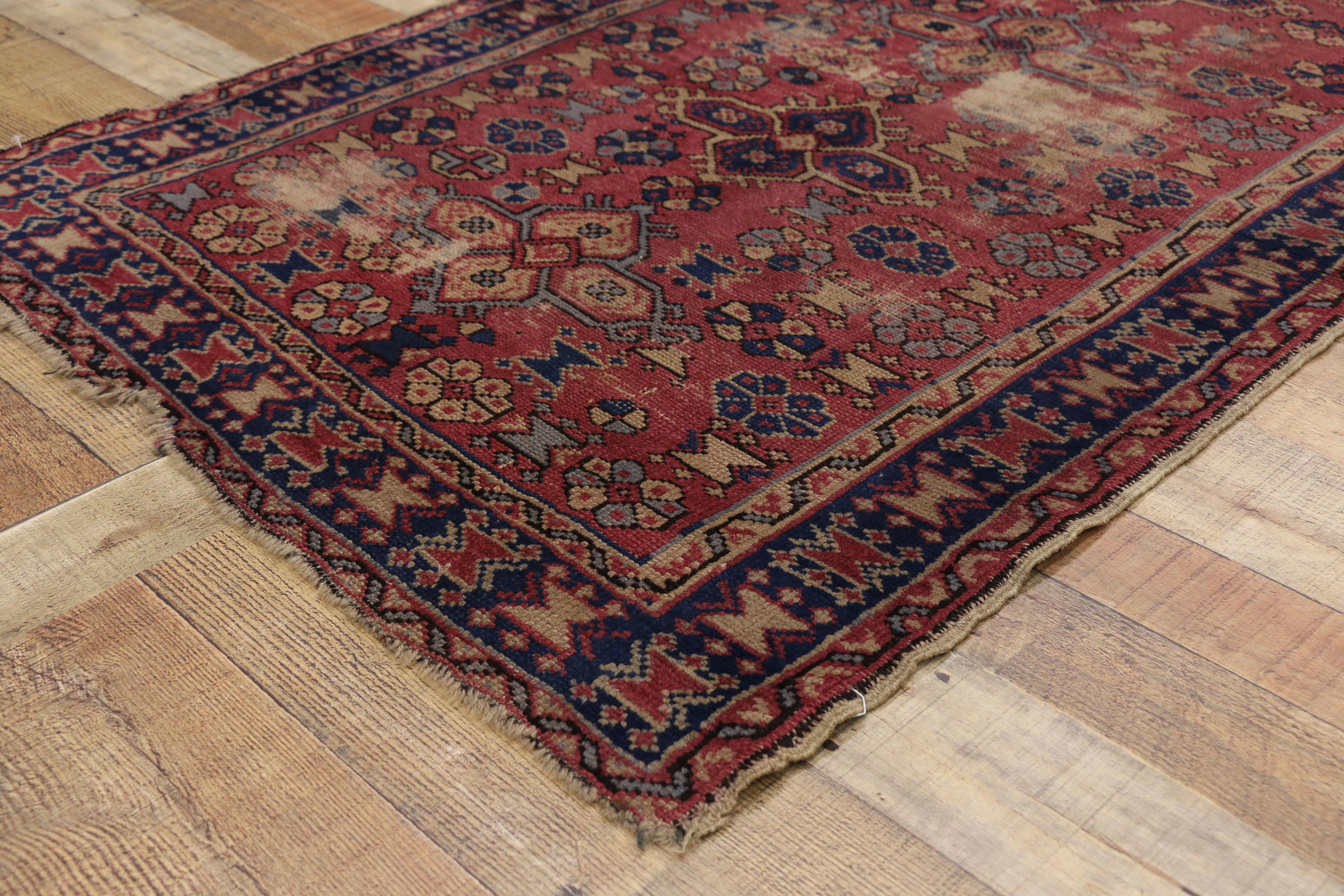 20th Century Distressed Antique Turkish Sparta Rug with Industrial Rustic Artisan Style