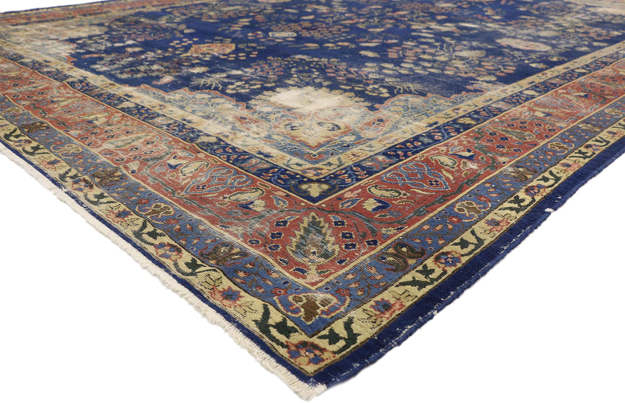 74997, distressed antique Turkish Sparta rug with modern rustic English style 10'00 x 13'00. With its perfectly worn-in charm and rustic sensibility, this hand knotted wool 20th century distressed antique Turkish Sparta rug will take on a curated