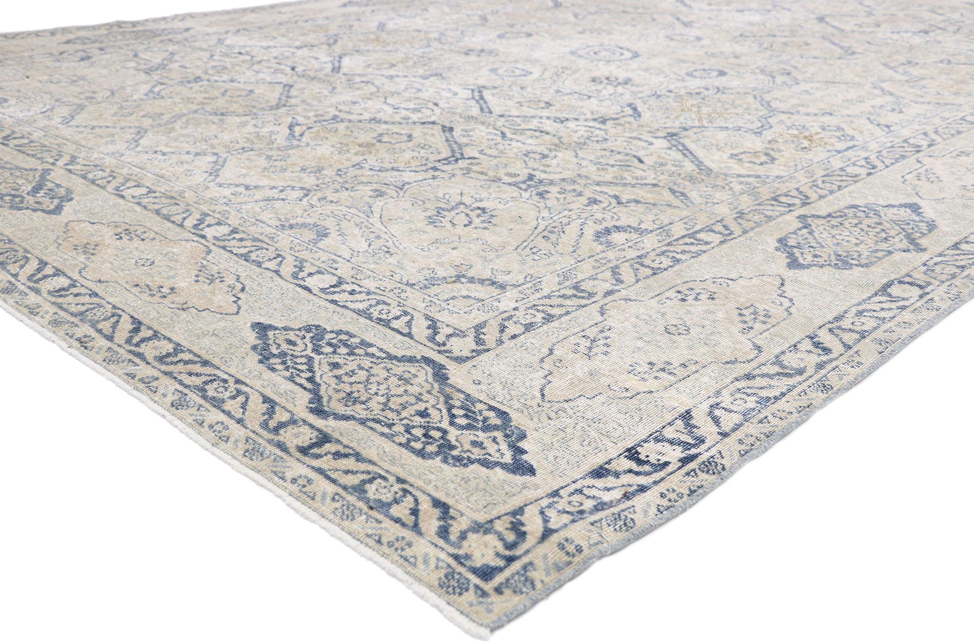 52552, distressed antique Turkish Tabriz rug with neoclassical Gustavian style. Drawing inspiration from French formality and Swedish simplicity, this hand knotted wool distressed antique Turkish Tabriz rug beautifully embodies Gustavian style. A