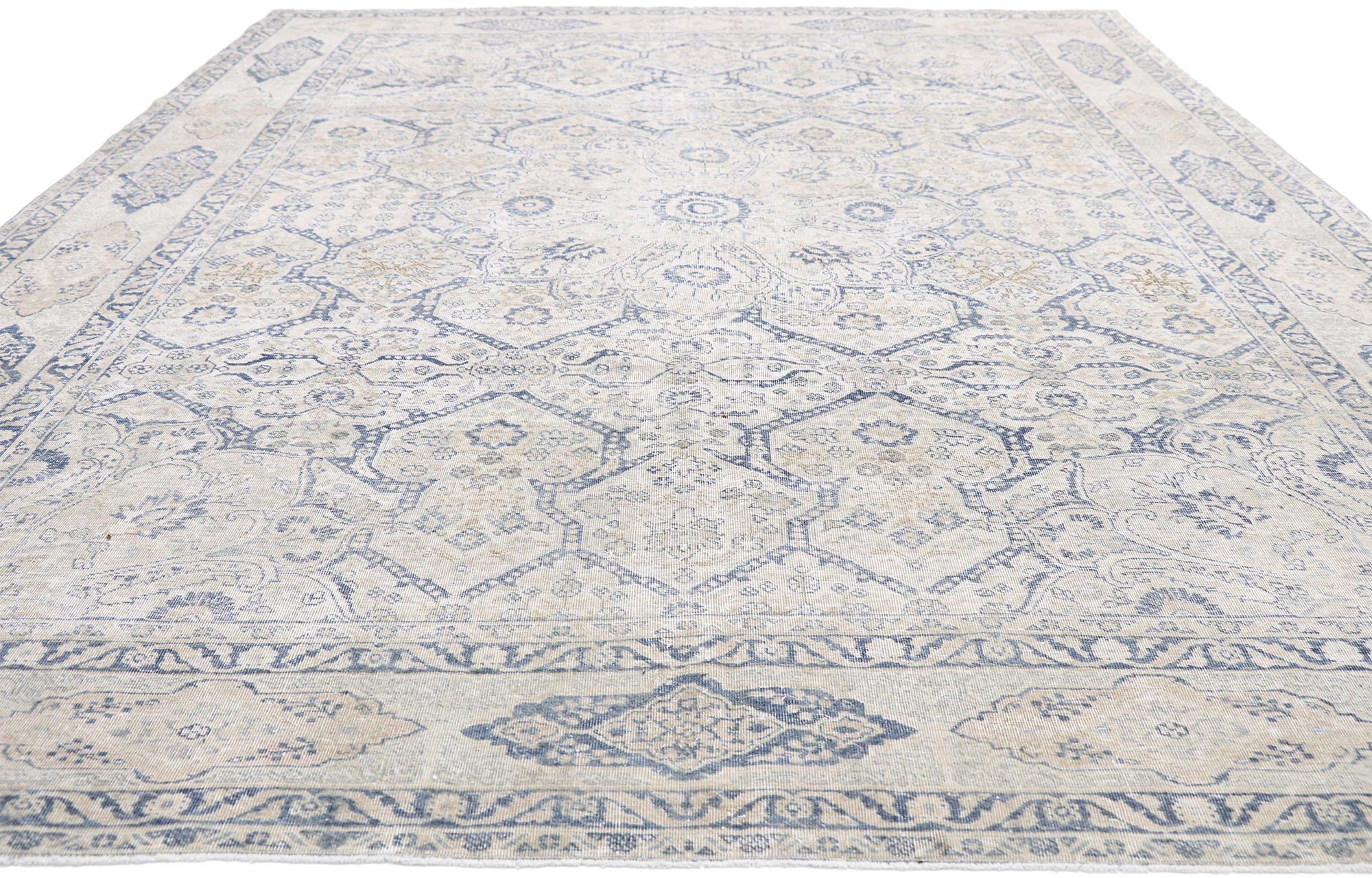 Hand-Knotted Distressed Antique Turkish Tabriz Rug with Neoclassical Gustavian Style