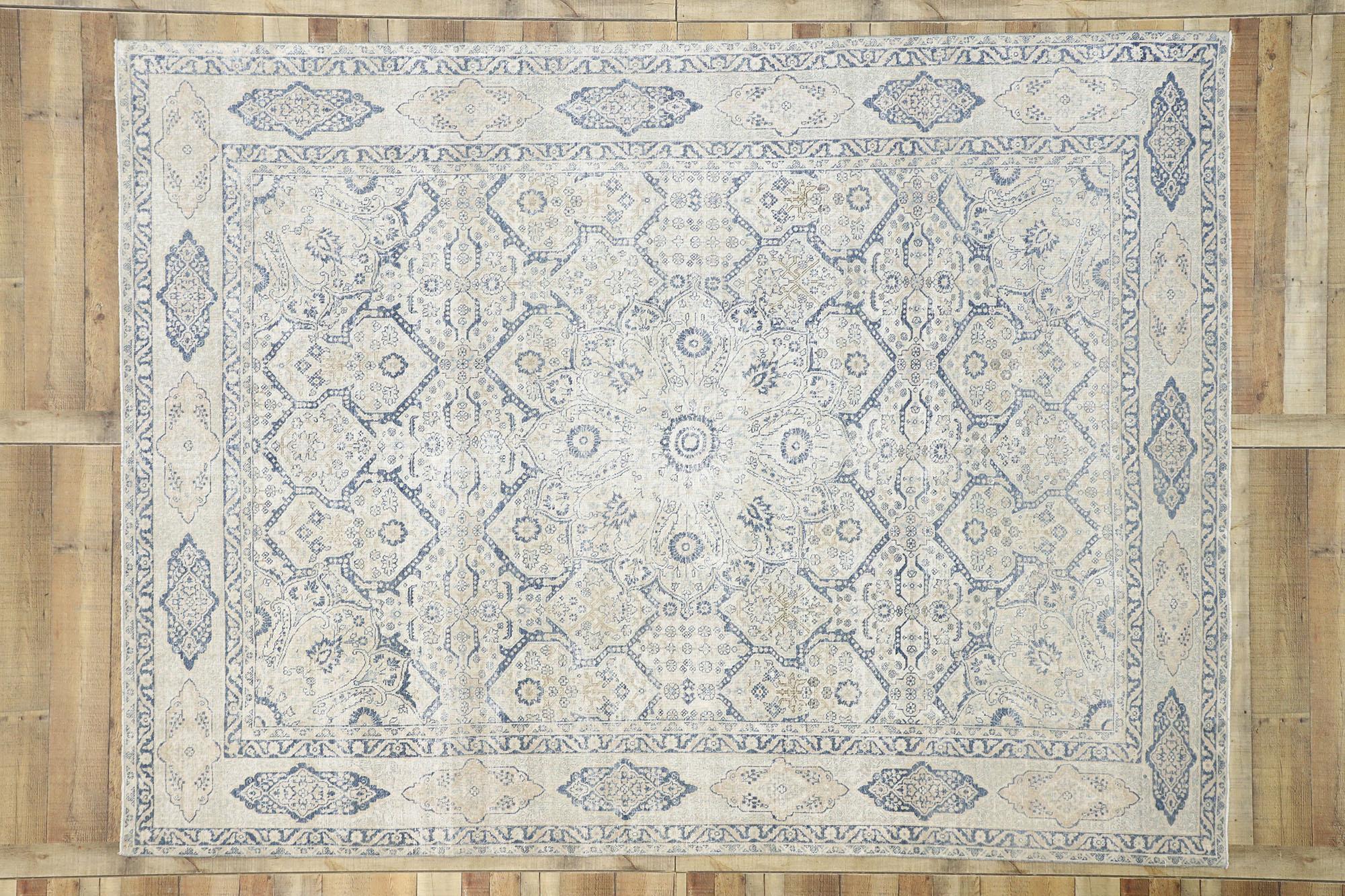 Wool Distressed Antique Turkish Tabriz Rug with Neoclassical Gustavian Style