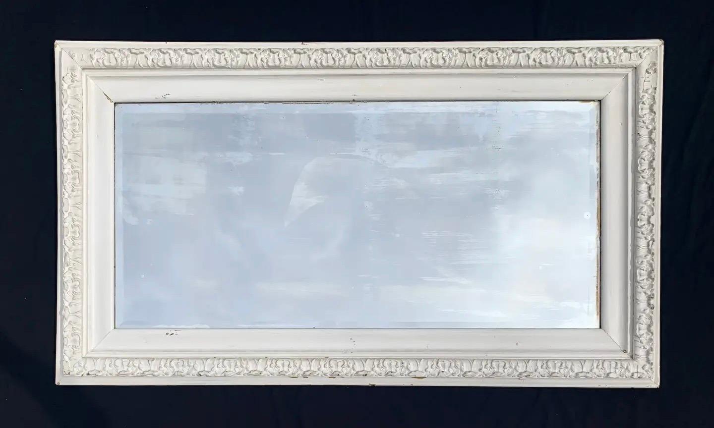Distressed Antique White Mid-19th Century English Country Farmhouse Mirror For Sale 1