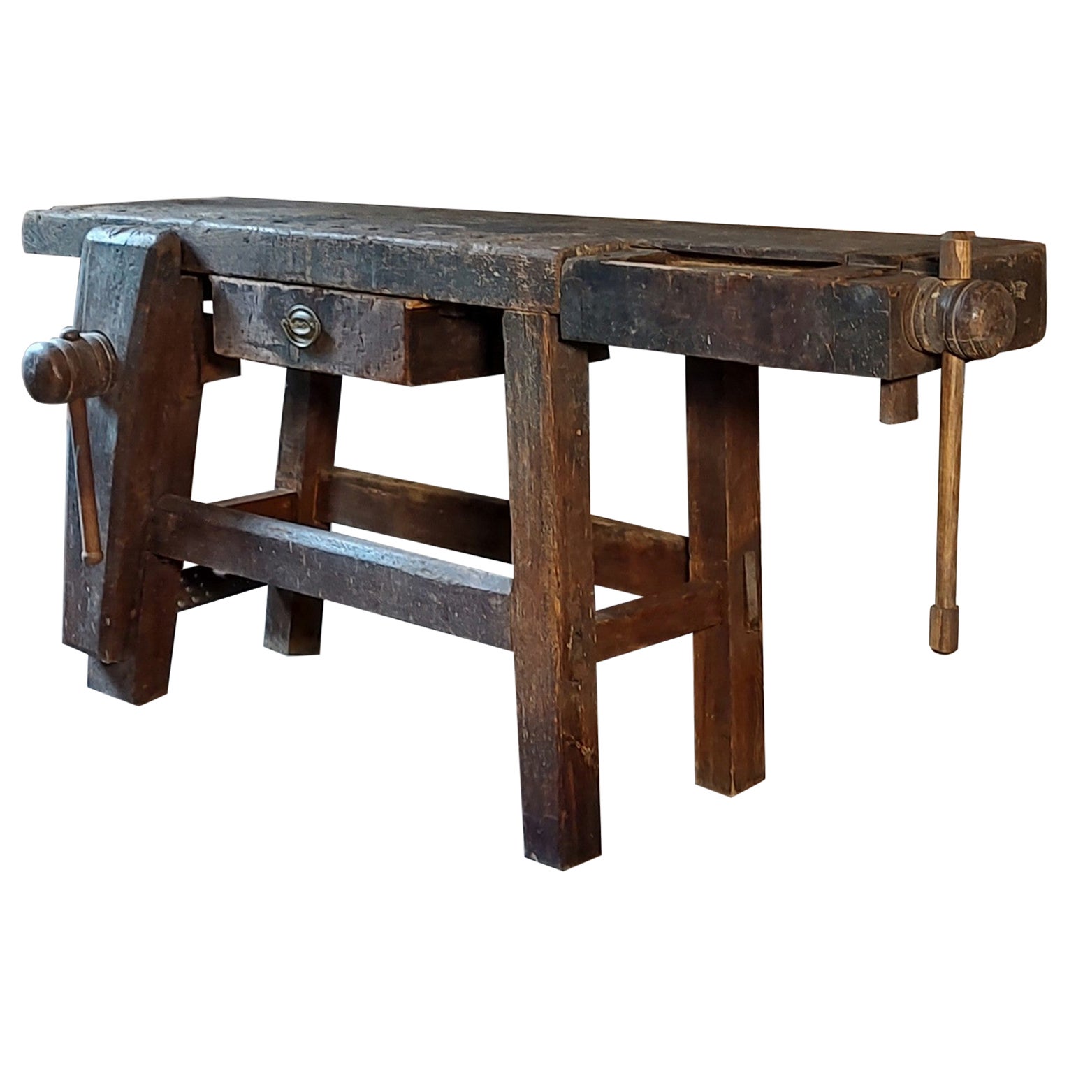 Distressed Antique Workbench with Drawer & 2 Vises