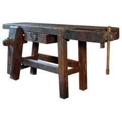 Distressed Antique Workbench with Drawer & 2 Vises