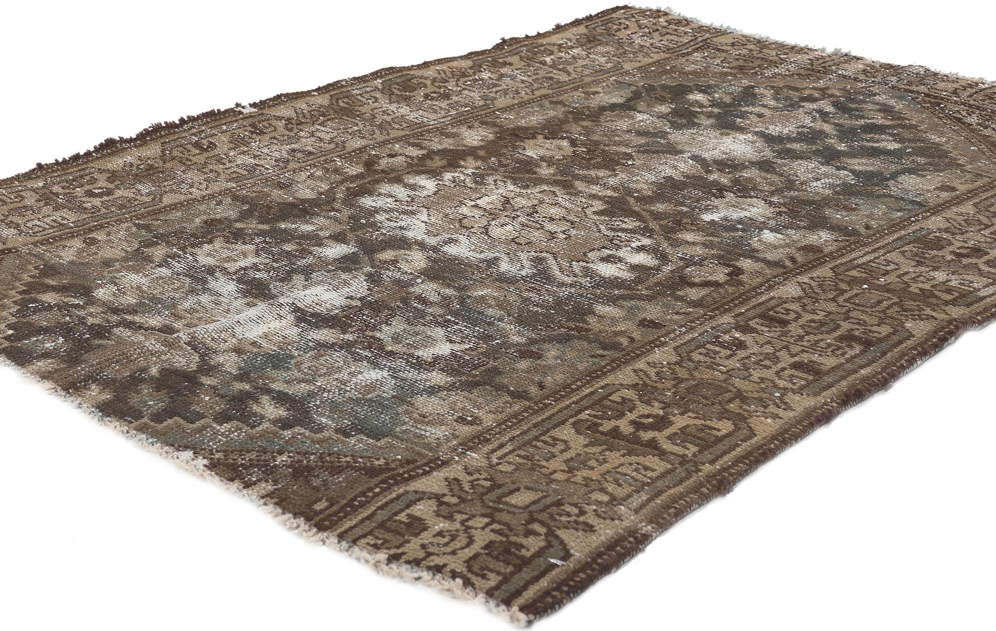 78577 Distressed Antique Worn Persian Hamadan Rug, 03'01 x 04'01. 
Weathered finesse meets rustic sensibility in this distressed antique Persian Hamadan rug. ​The faded geometric design and neutral earth-tone colors woven into this piece work
