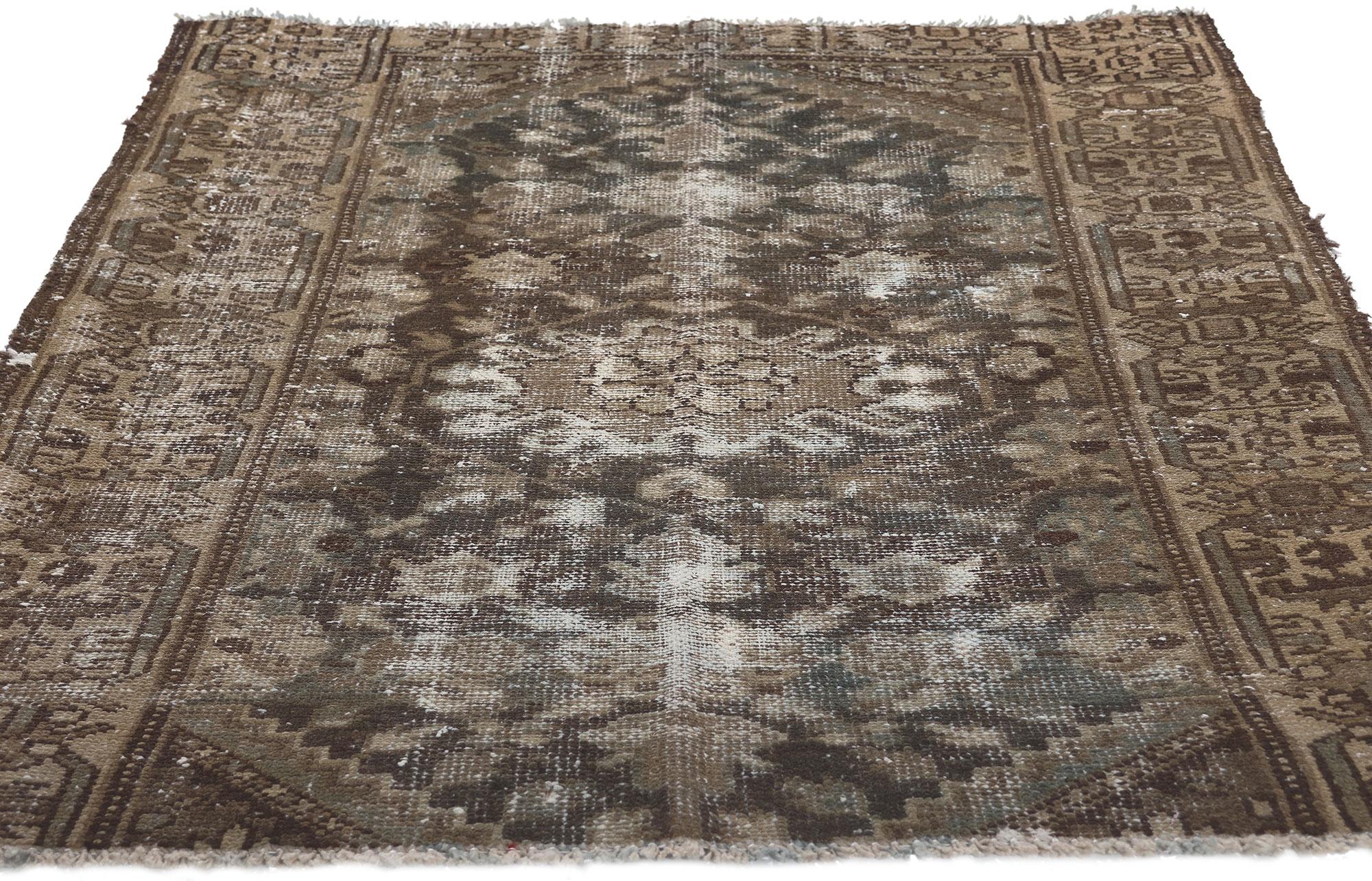 Hand-Knotted Distressed Antique Worn Persian Rug, Rustic Sensibility Meets Weathered Finesse For Sale