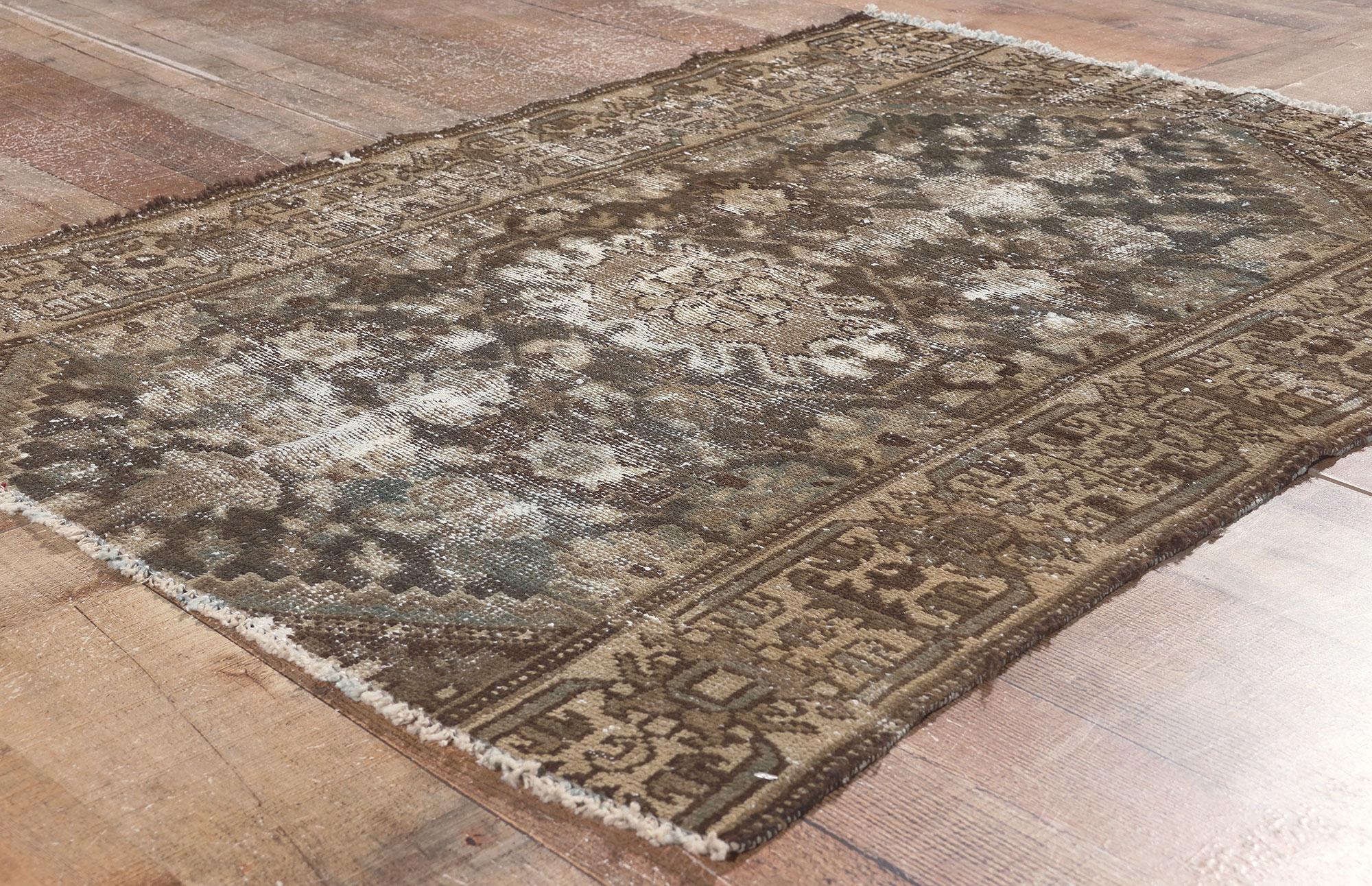 Distressed Antique Worn Persian Rug, Rustic Sensibility Meets Weathered Finesse For Sale 1