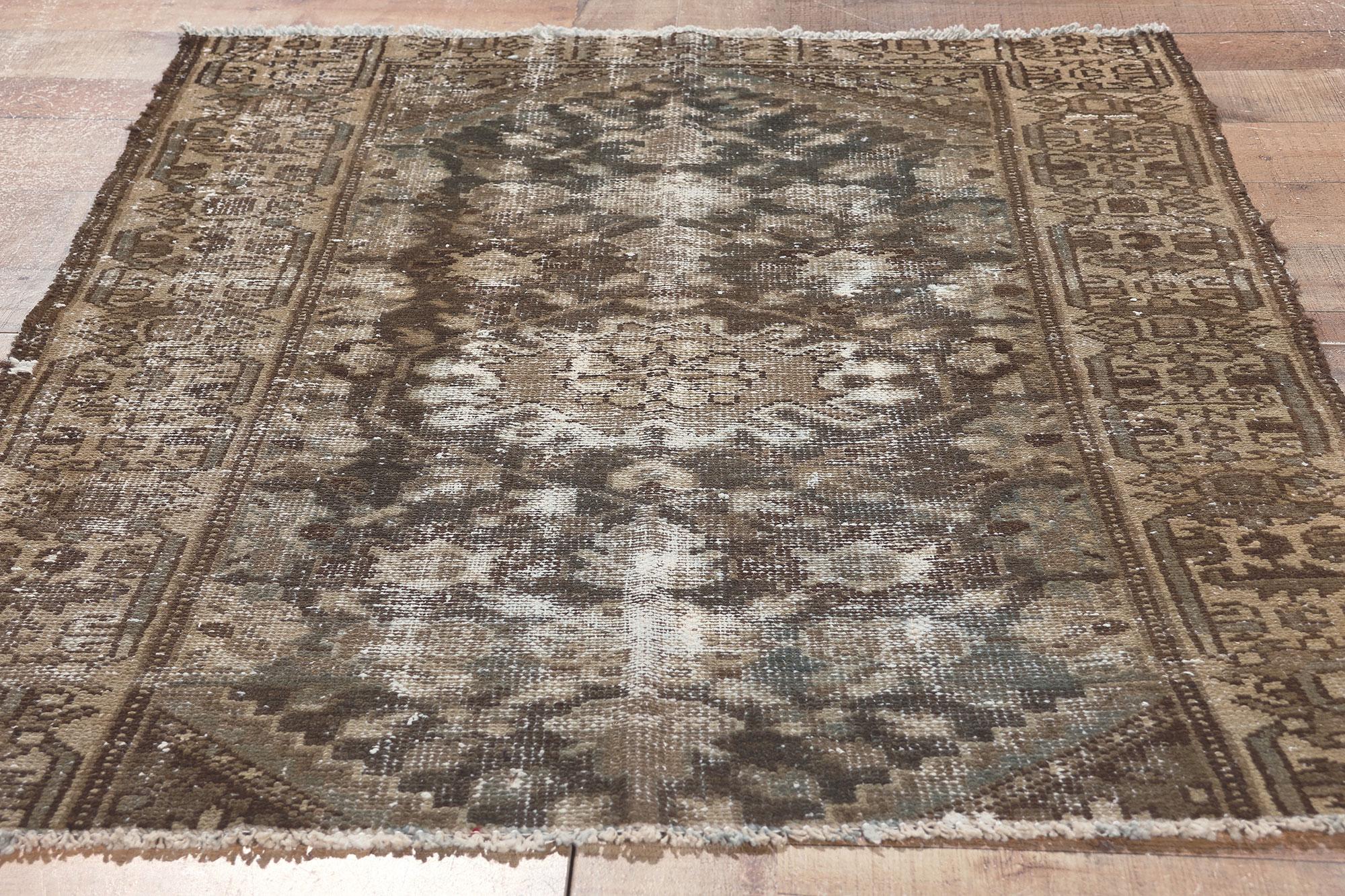 Distressed Antique Worn Persian Rug, Rustic Sensibility Meets Weathered Finesse For Sale 2