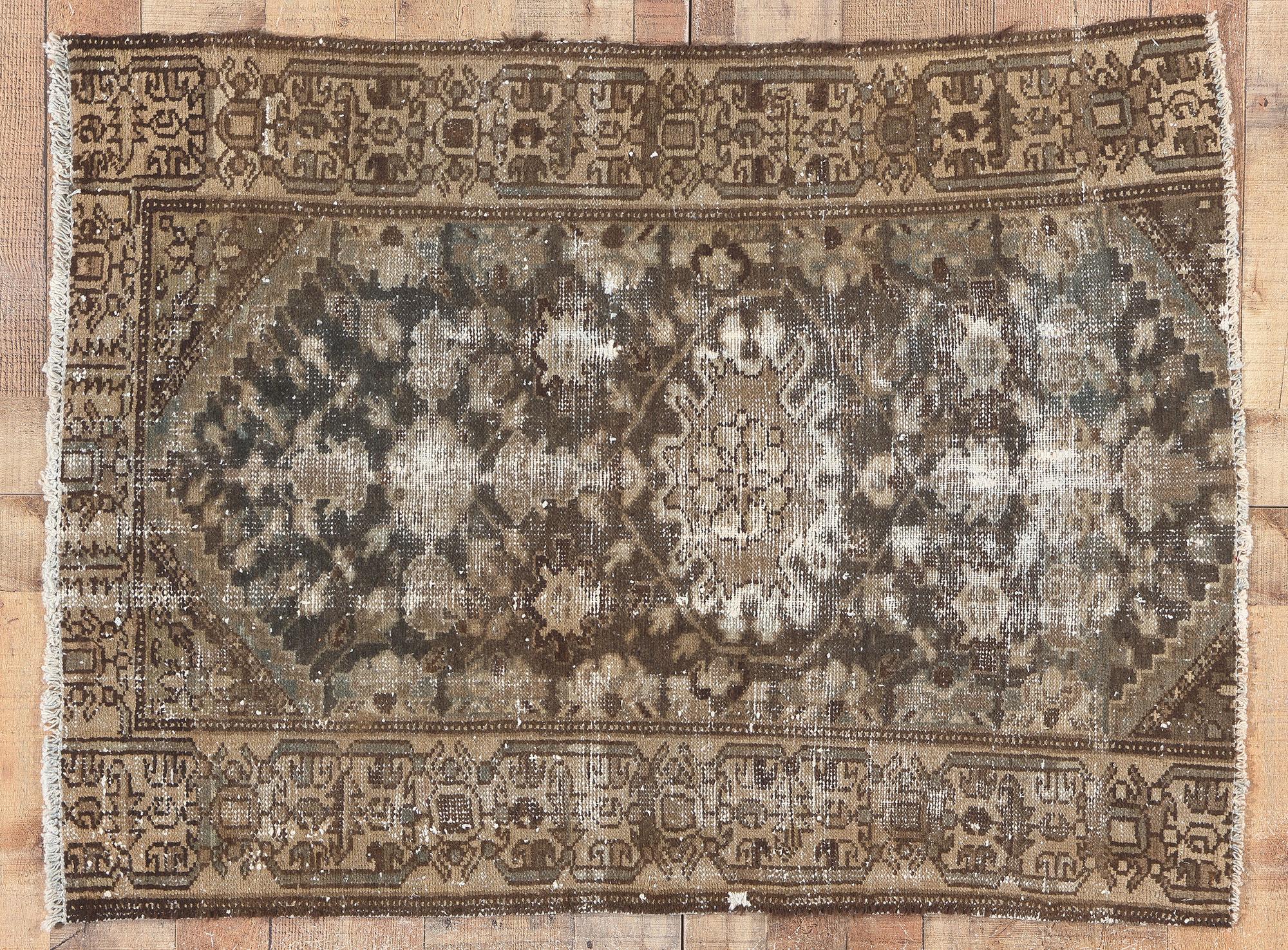 Distressed Antique Worn Persian Rug, Rustic Sensibility Meets Weathered Finesse For Sale 3