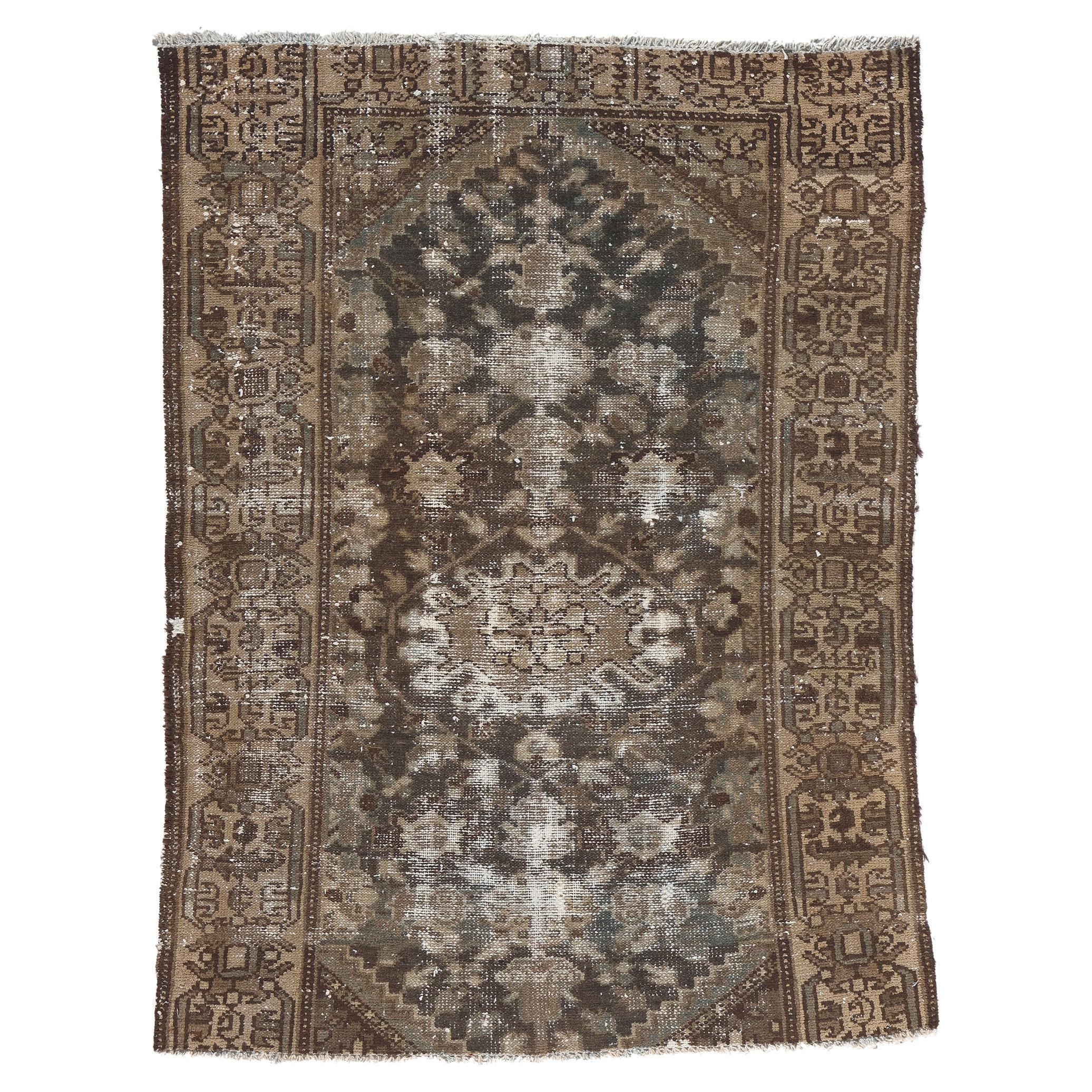 Distressed Antique Worn Persian Rug, Rustic Sensibility Meets Weathered Finesse