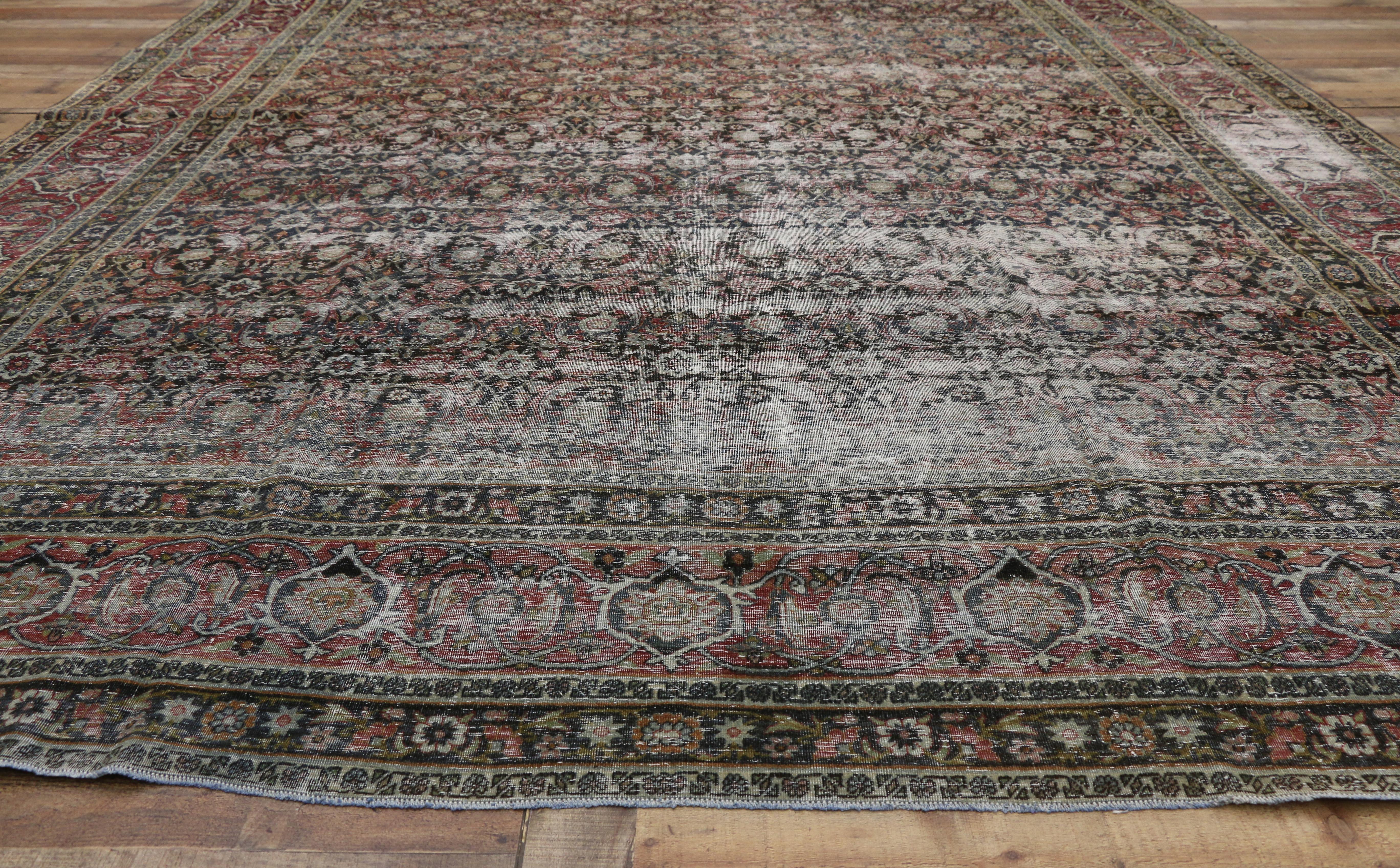 Distressed Antique Yazd Persian Area Rug with Modern Industrial Luxe Style 3