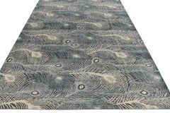 Rug & Kilim's Distressed Art Nouveau Style Rug, Blue, White Feather Design