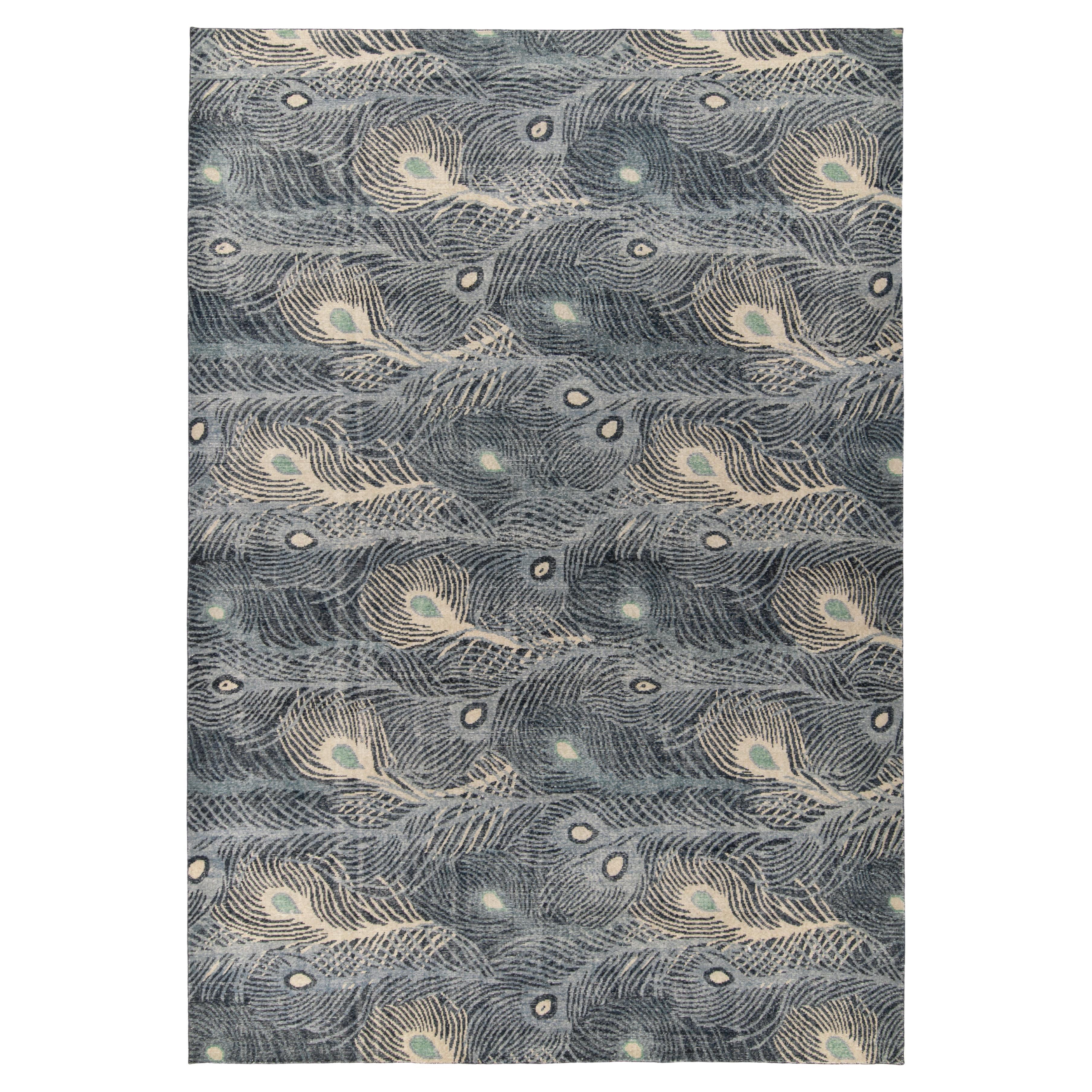 Rug & Kilim's Distressed Art Nouveau Style Rug, Blue, White Feather Design For Sale