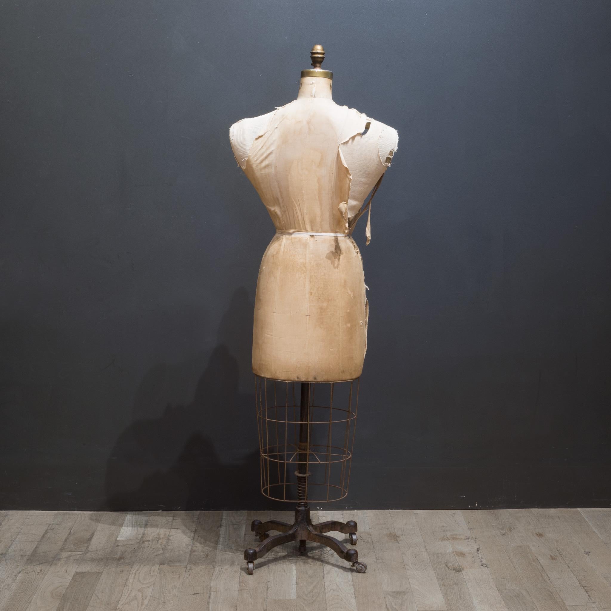 Late Victorian Distressed Bauman Dress Form Mannequin with Cast Iron Base, c.1940