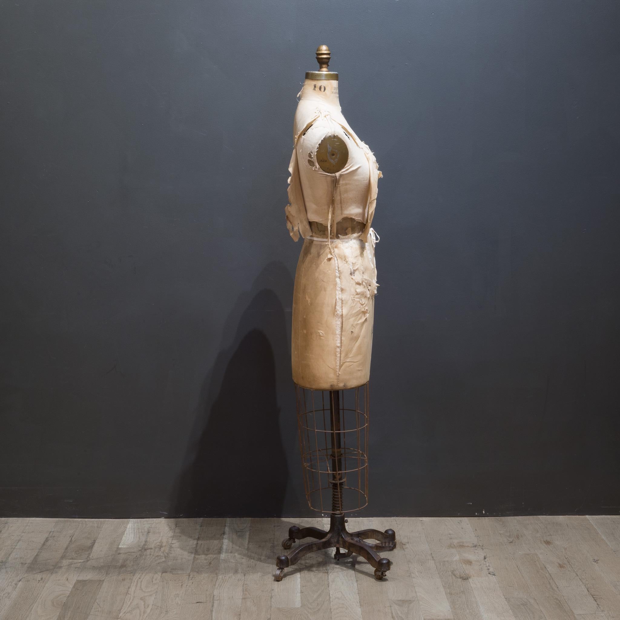 French Distressed Bauman Dress Form Mannequin with Cast Iron Base, c.1940