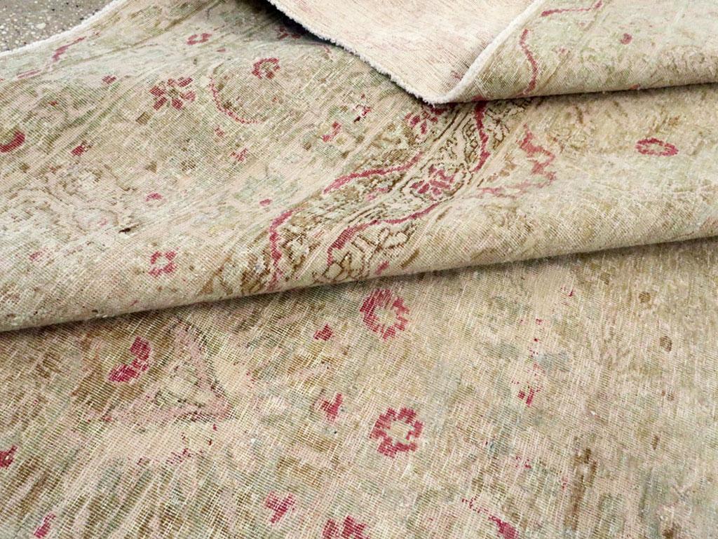 Distressed Beige, Green, and Pink Persian Lavar Kerman Carpet 2