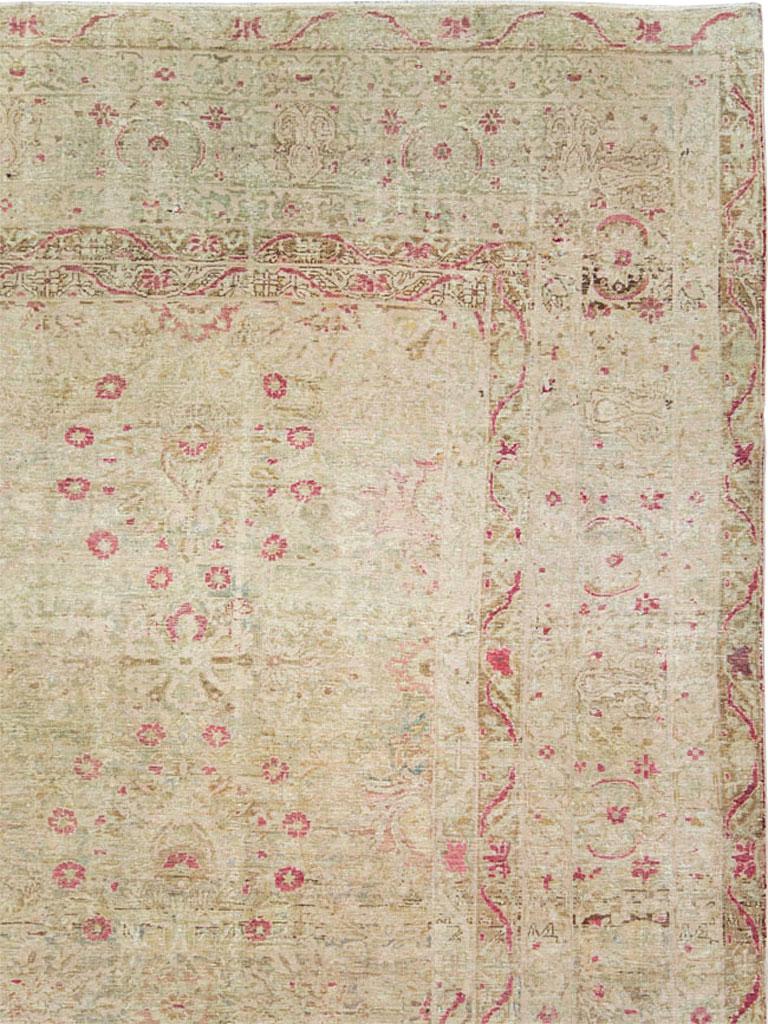 Rustic Distressed Beige, Green, and Pink Persian Lavar Kerman Carpet