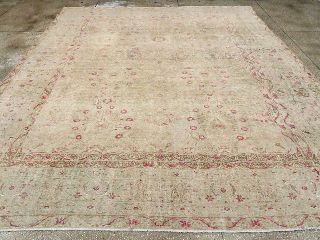 Hand-Knotted Distressed Beige, Green, and Pink Persian Lavar Kerman Carpet