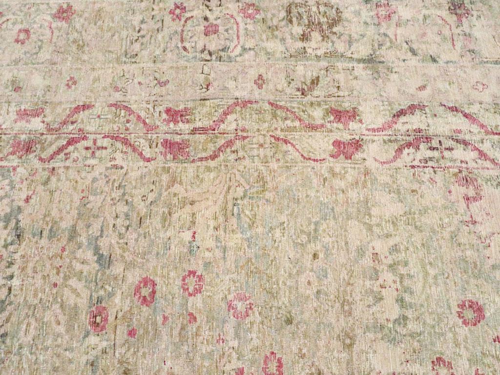 Wool Distressed Beige, Green, and Pink Persian Lavar Kerman Carpet