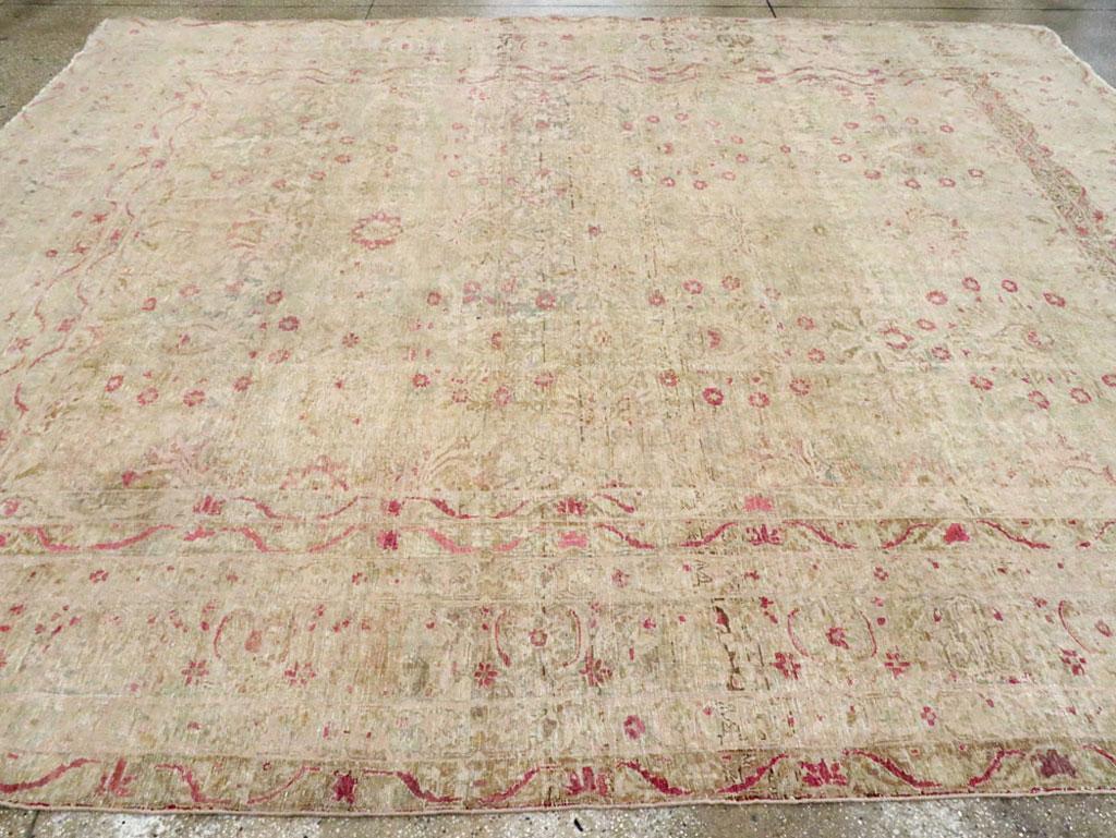 Distressed Beige, Green, and Pink Persian Lavar Kerman Carpet 1