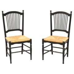 Distressed Black Cottage Style Dining Side Chairs with Rush Seats - Pair A