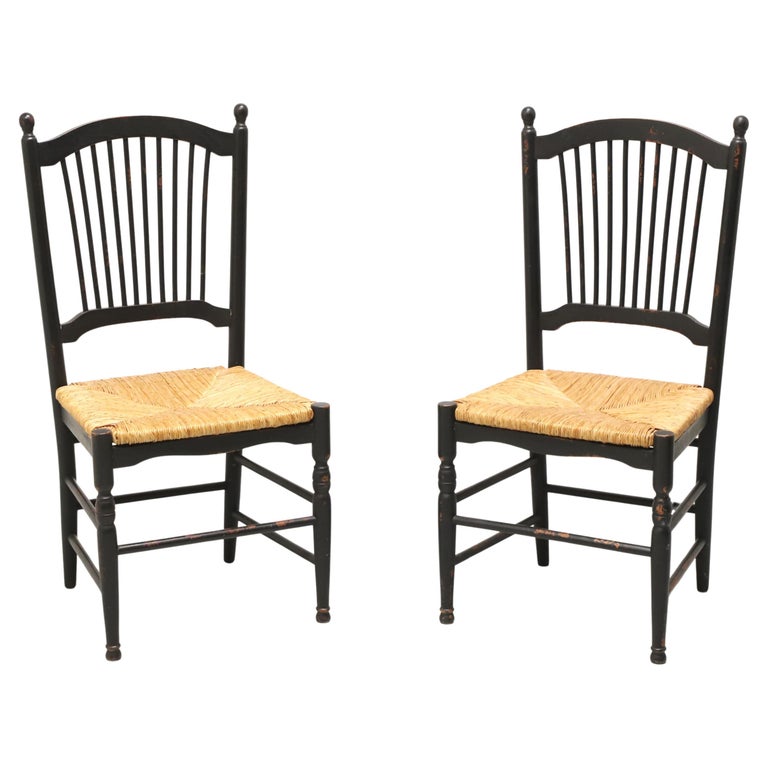 Distressed Black Cottage Style Dining Side Chairs with Rush Seats