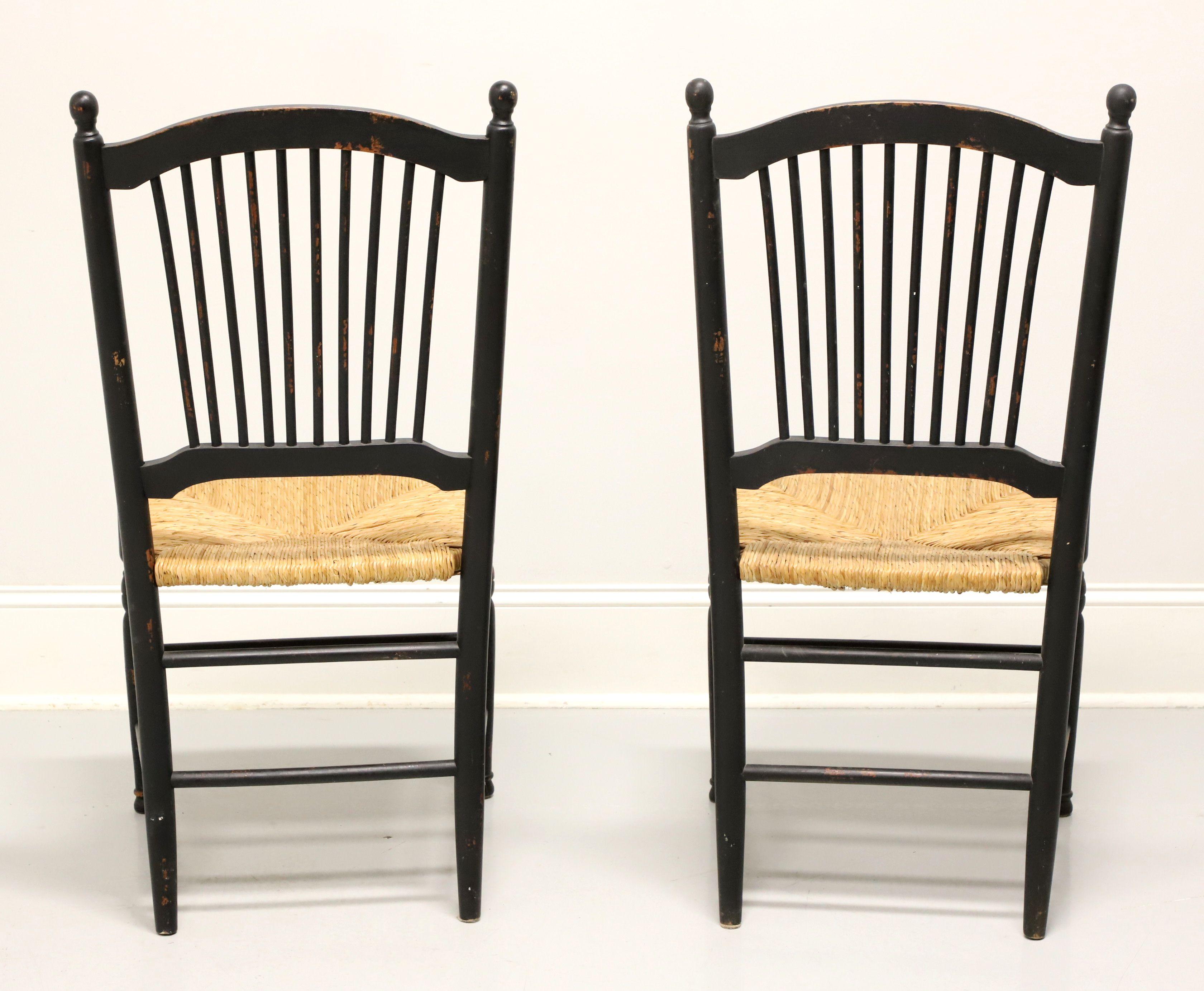 Distressed Black Cottage Style Dining Side Chairs with Rush Seats - Pair B In Good Condition In Charlotte, NC