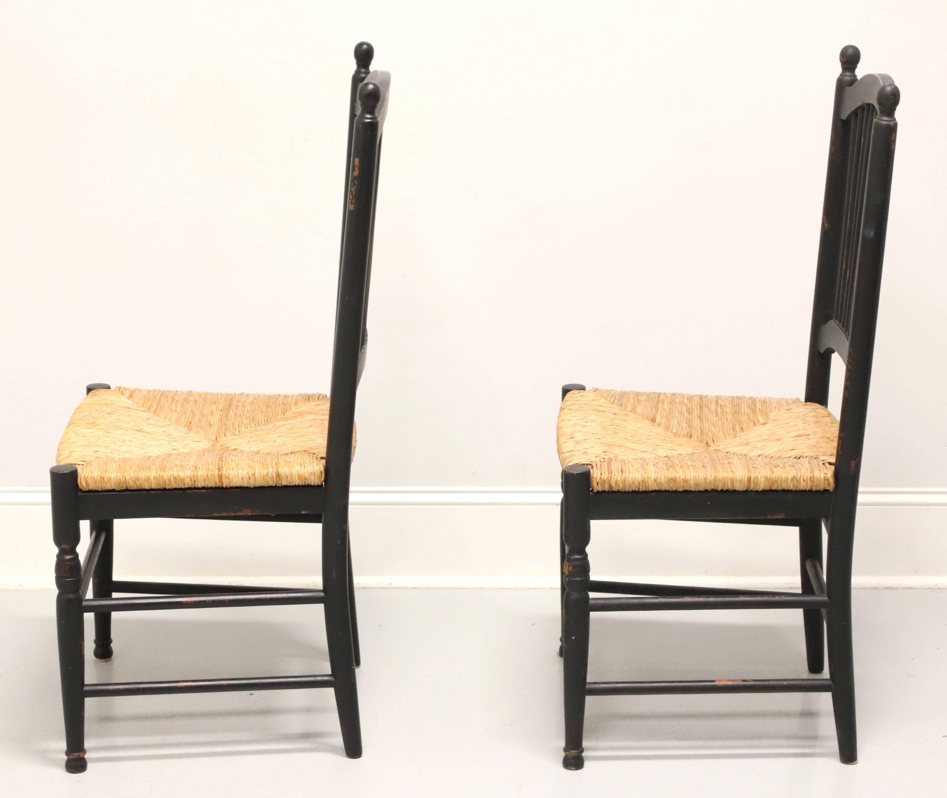 20th Century Distressed Black Cottage Style Dining Side Chairs with Rush Seats - Pair B