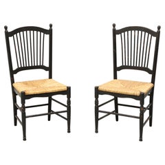 Distressed Black Cottage Style Dining Side Chairs with Rush Seats - Pair B