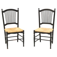 Distressed Black Cottage Style Dining Side Chairs with Rush Seats - Pair C