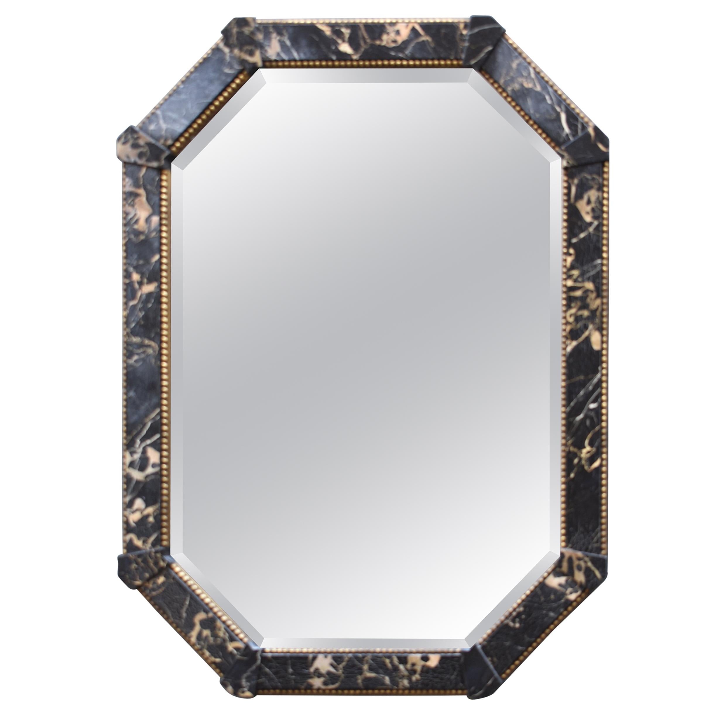 Distressed Black Marbled Finish Octagon Beveled Mirror by Decorative Arts