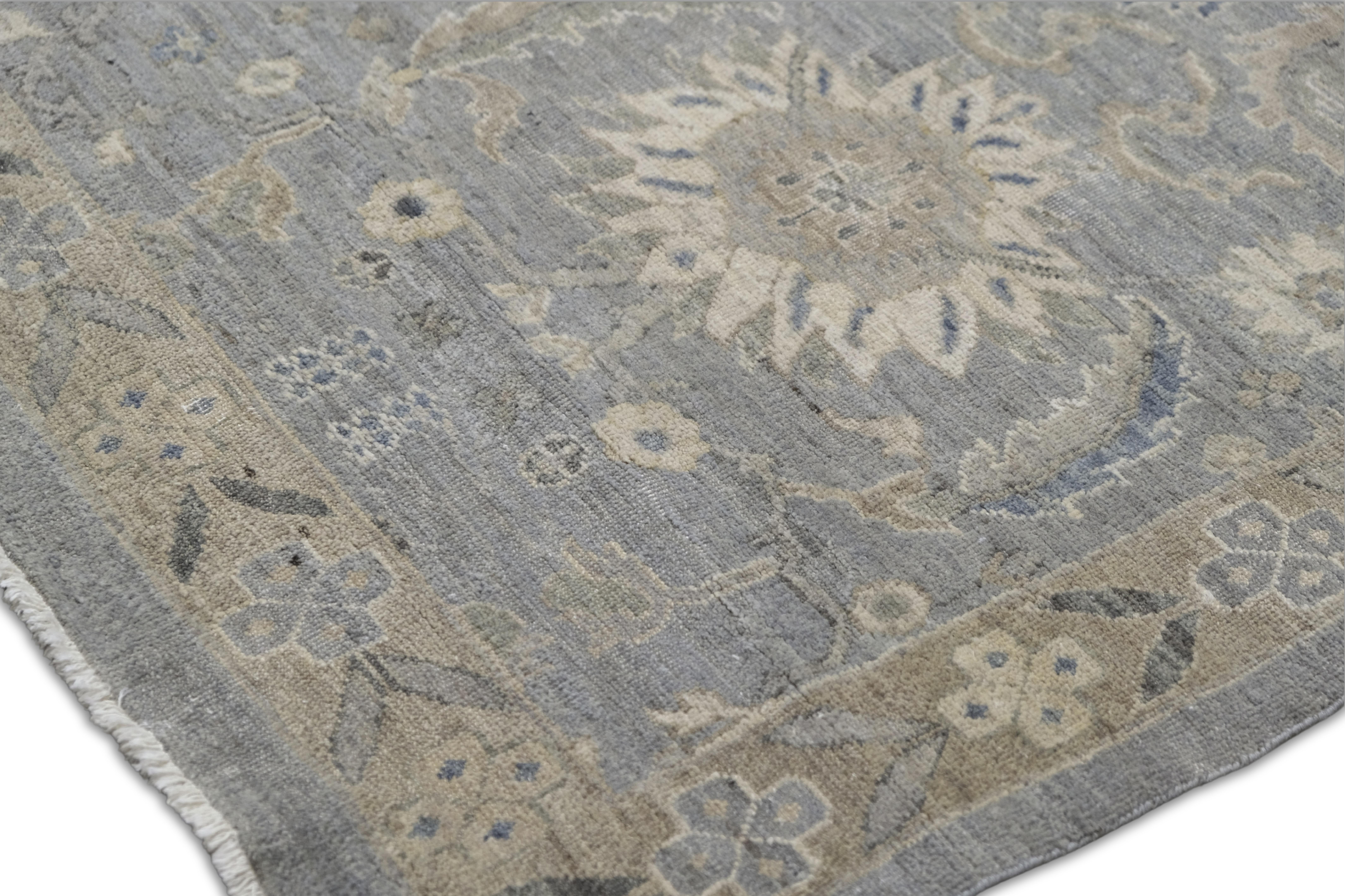 Lana Tappeto in lana con motivo Tabriz blu e beige, con effetto invecchiato, 13'8''x19'9'' in vendita